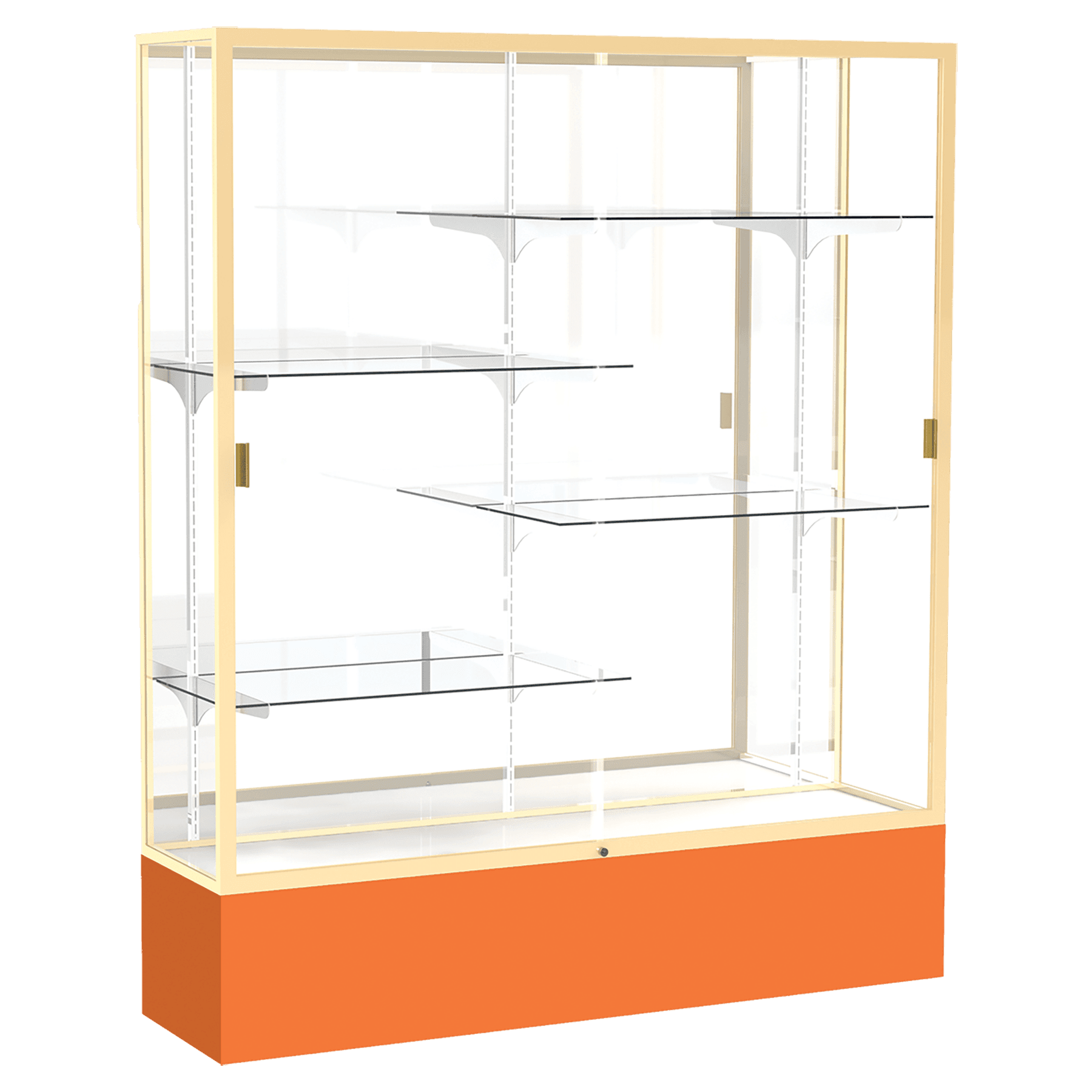 72"H x 60"W x 16"D Orange Laminate Finish, Mirror Back, Champagne Aluminum Frame, Spirit Display Case