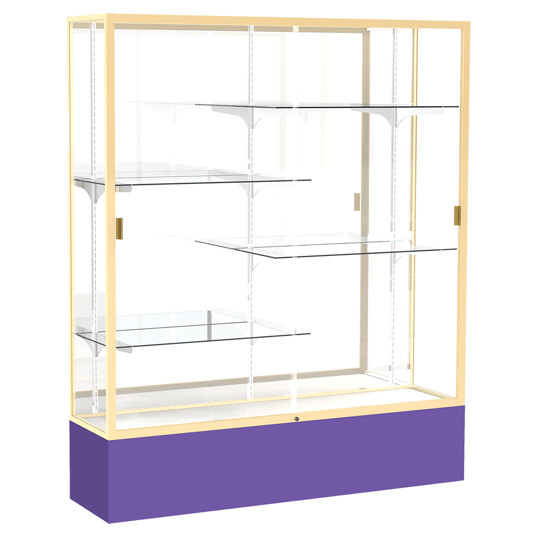 72"H x 60"W x 16"D Purple Laminate Finish, Mirror Back, Champagne Aluminum Frame, Spirit Display Case