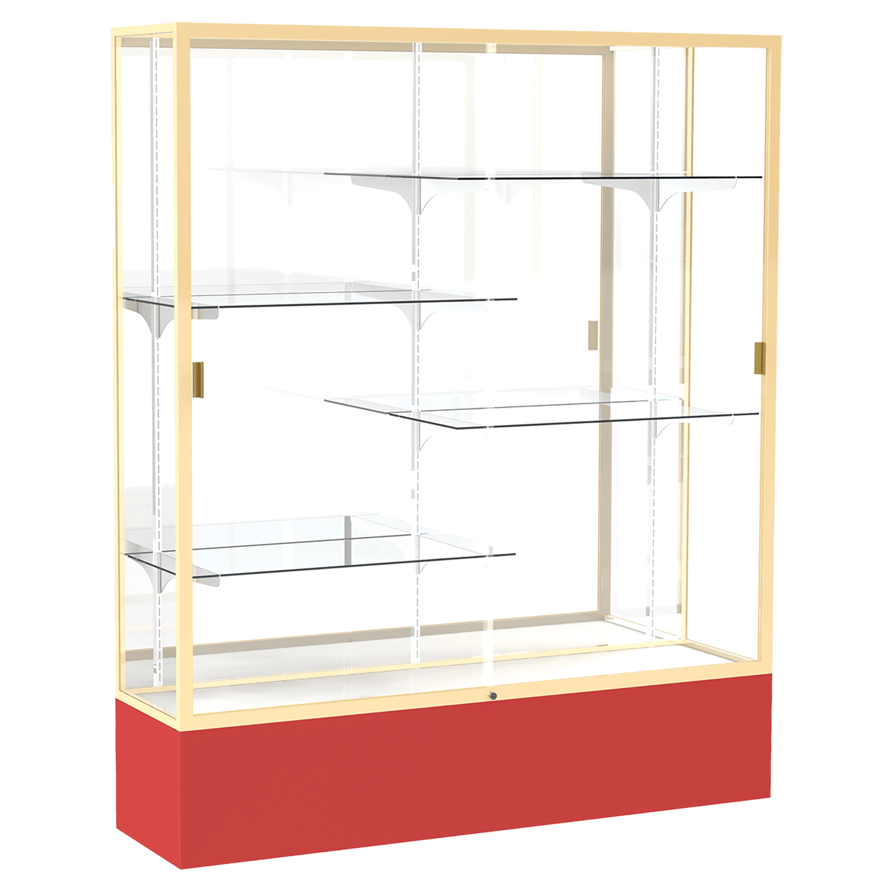 72"H x 60"W x 16"D Red Laminate Finish, Mirror Back, Champagne Aluminum Frame, Spirit Display Case