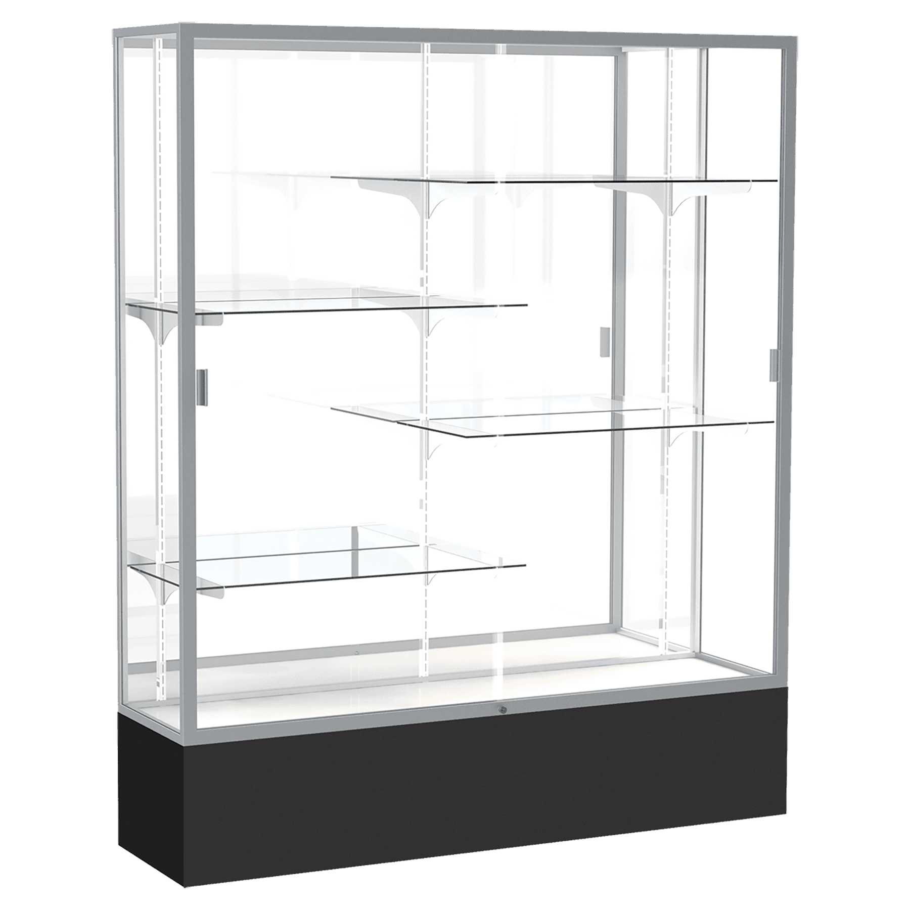72"H x 60"W x 16"D Black Laminate Finish, Mirror Back, Satin Aluminum Frame, Spirit Display Case
