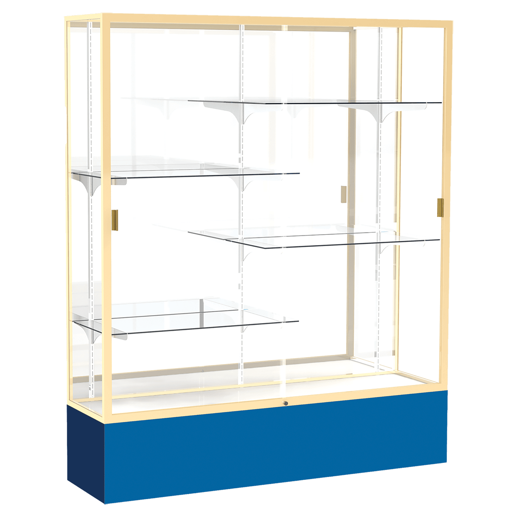 72"H x 60"W x 16"D Royal Blue Laminate Finish, Mirror Back, Champagne Aluminum Frame, Spirit Display Case
