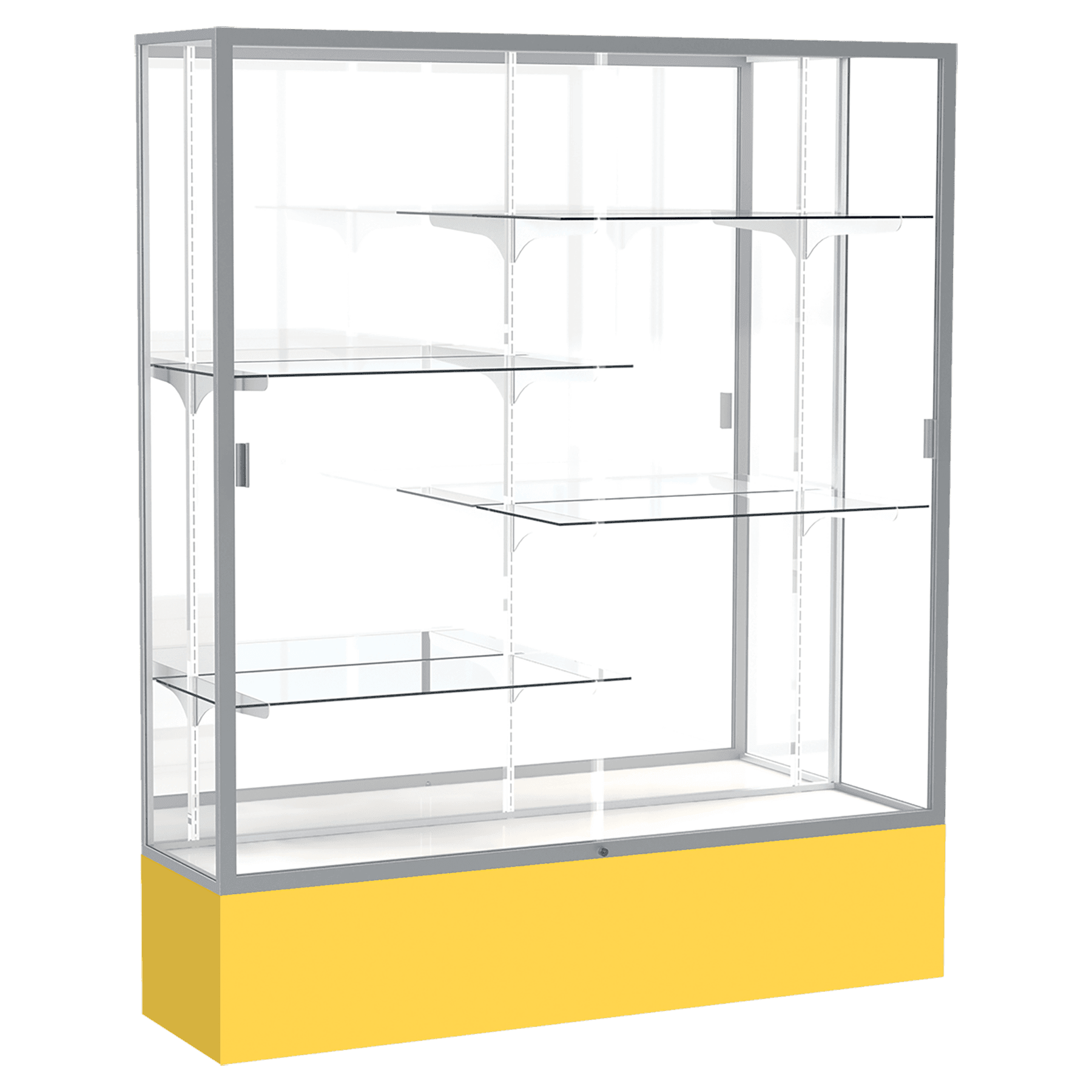 72"H x 60"W x 16"D Goldenrod Laminate Finish, Mirror Back, Satin Aluminum Frame, Spirit Display Case