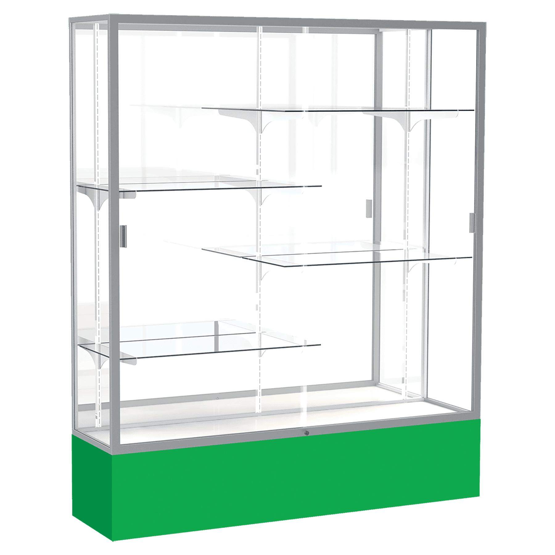 72"H x 60"W x 16"D Kelly Green Laminate Finish, Mirror Back, Satin Aluminum Frame, Spirit Display Case