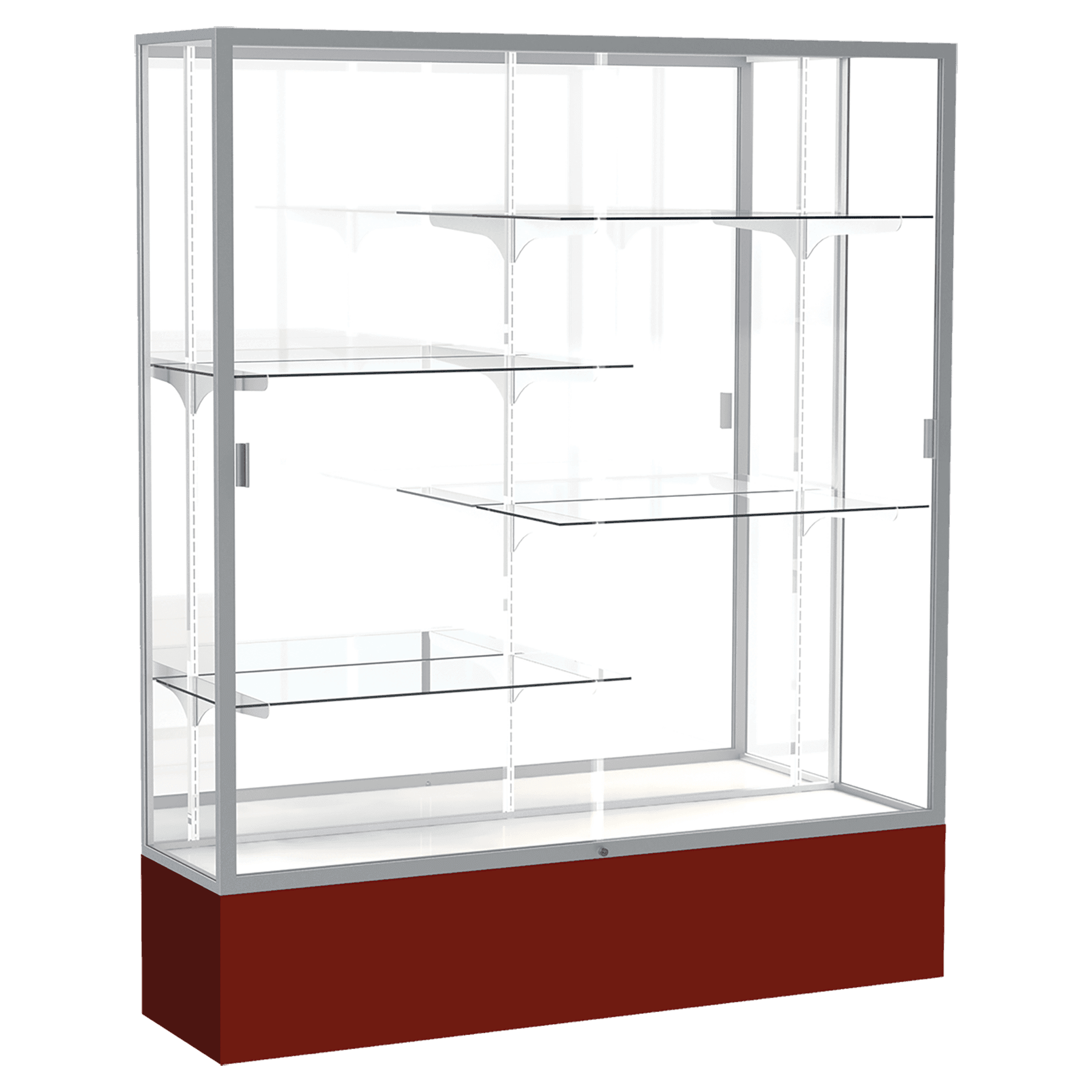 72"H x 60"W x 16"D Maroon Laminate Finish, Mirror Back, Satin Aluminum Frame, Spirit Display Case