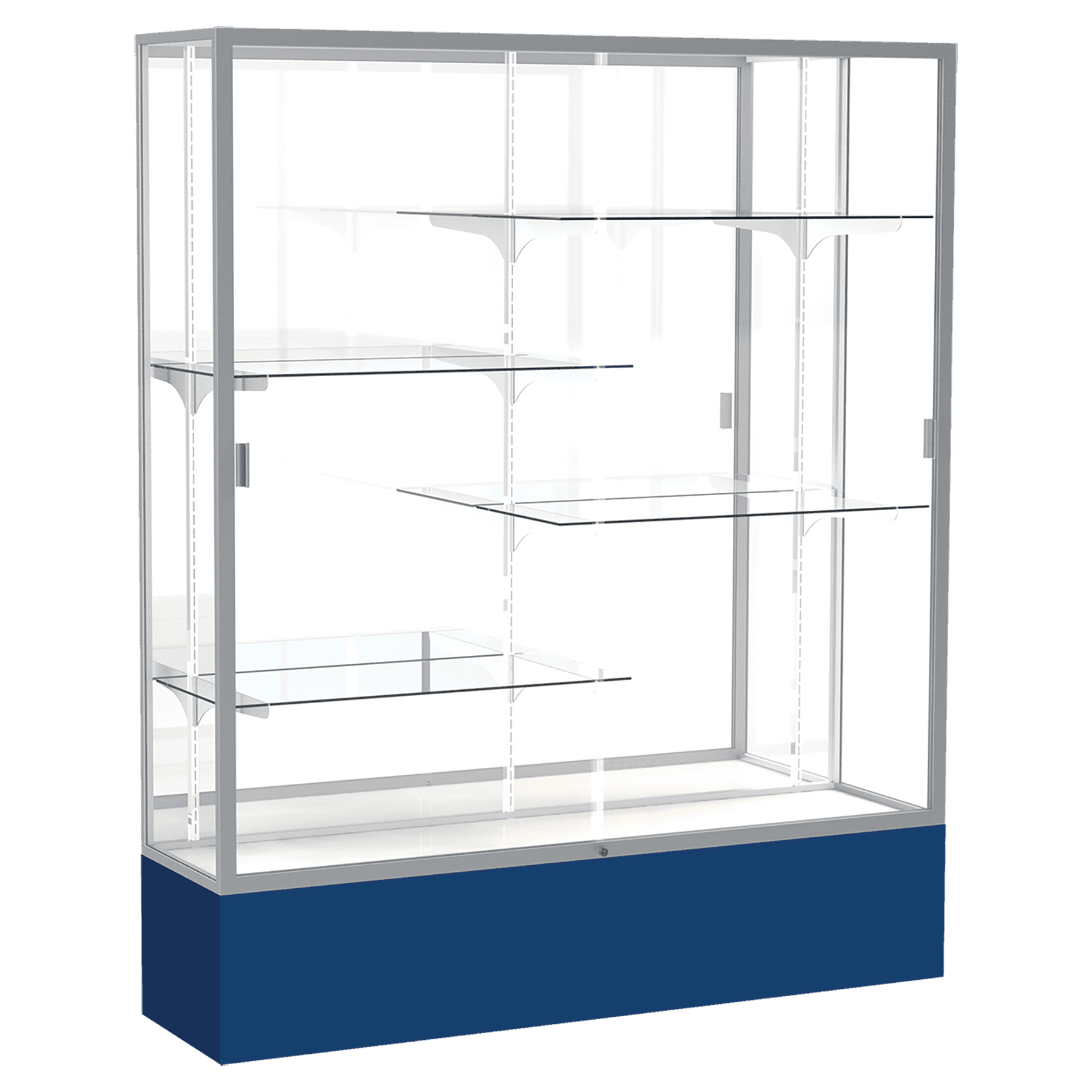 72"H x 60"W x 16"D Navy Laminate Finish, Mirror Back, Satin Aluminum Frame, Spirit Display Case