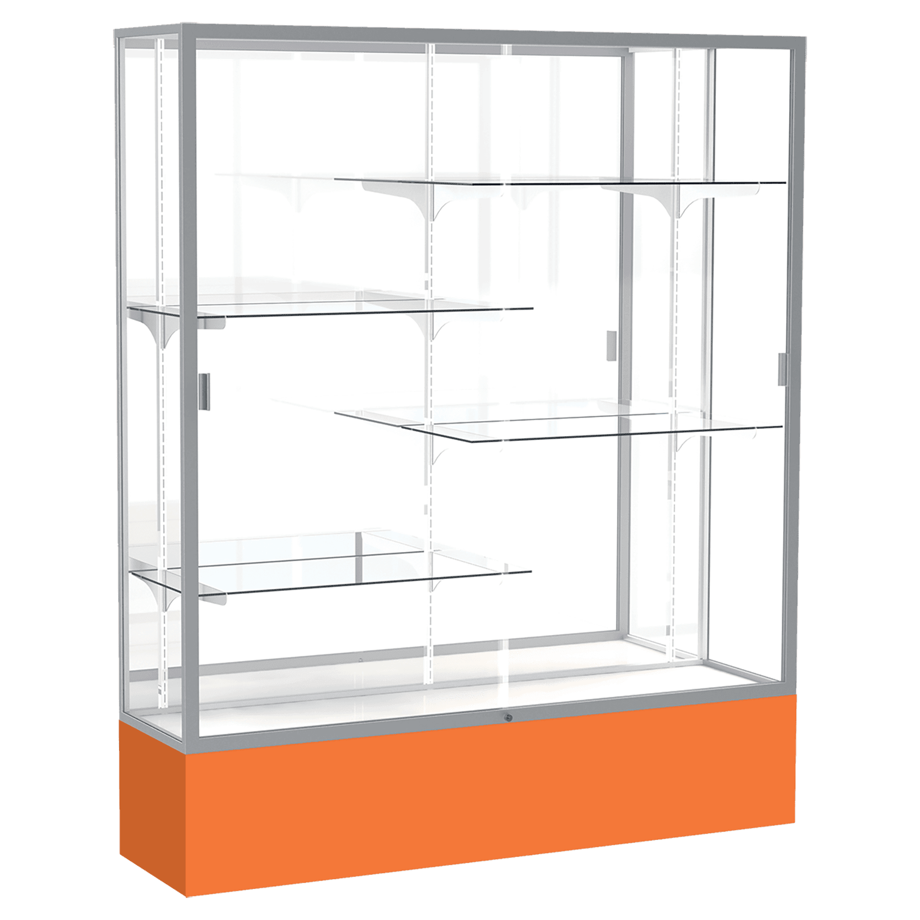 72"H x 60"W x 16"D Orange Laminate Finish, Mirror Back, Satin Aluminum Frame, Spirit Display Case