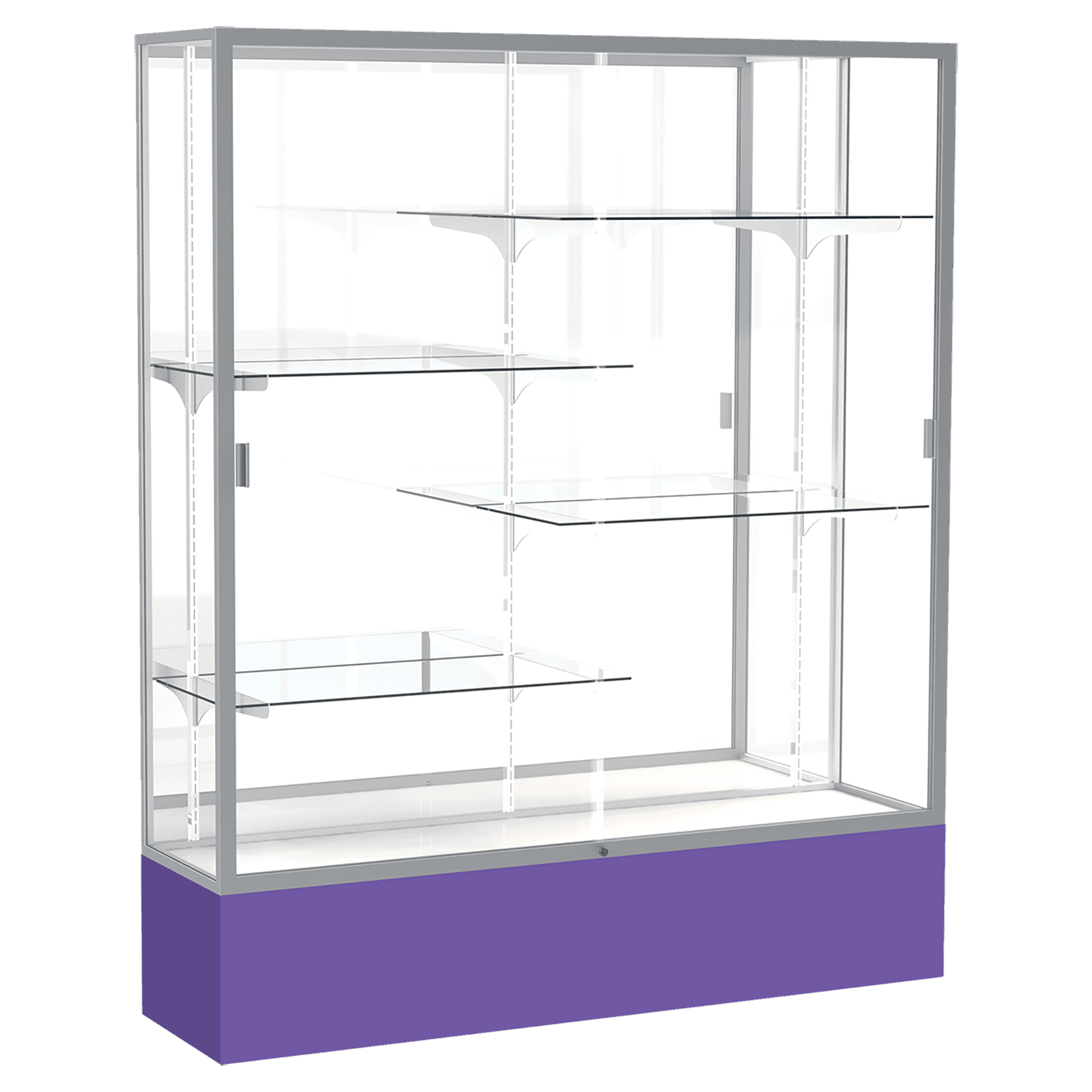72"H x 60"W x 16"D Purple Laminate Finish, Mirror Back, Satin Aluminum Frame, Spirit Display Case