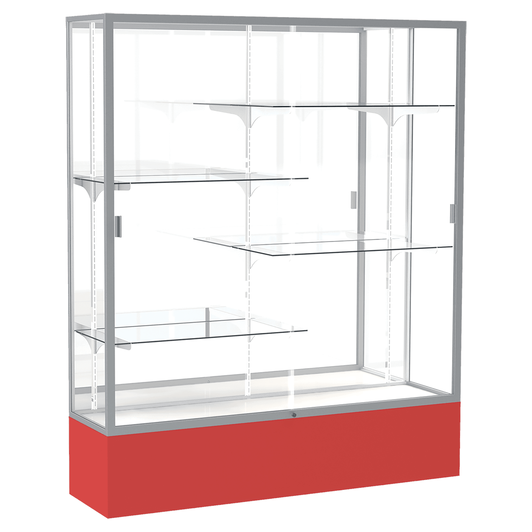 72"H x 60"W x 16"D Red Laminate Finish, Mirror Back, Satin Aluminum Frame, Spirit Display Case