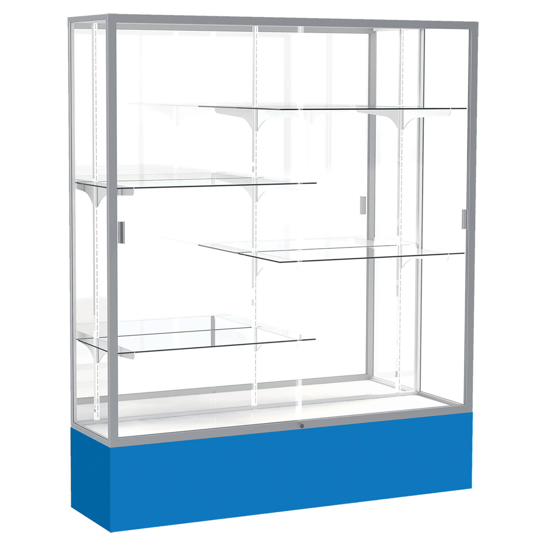 72"H x 60"W x 16"D Royal Blue Laminate Finish, Mirror Back, Satin Aluminum Frame, Spirit Display Case