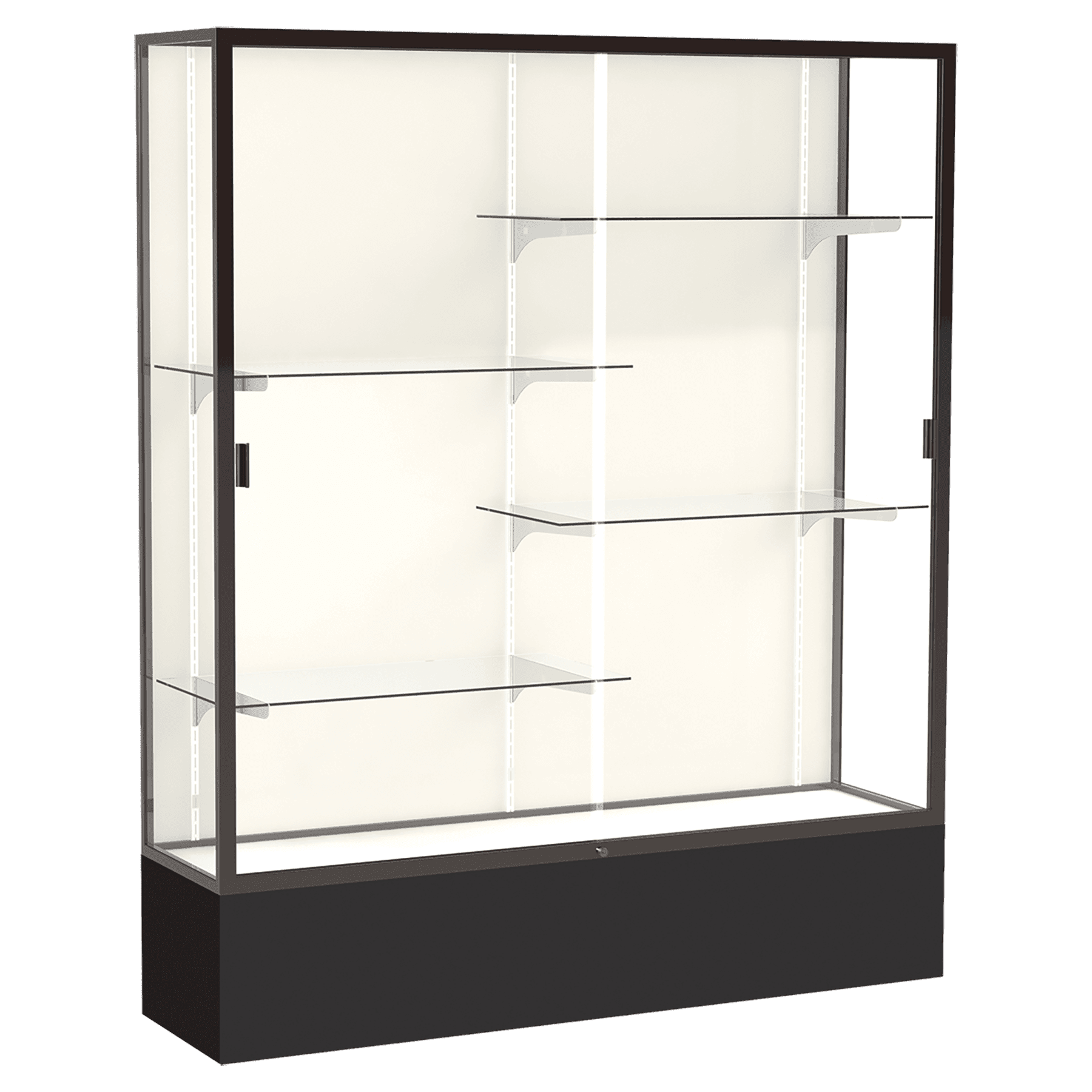 72"H x 60"W x 16"D Black Laminate Finish, Plaque Fabric Back, Bronze Aluminum Frame, Spirit Display Case