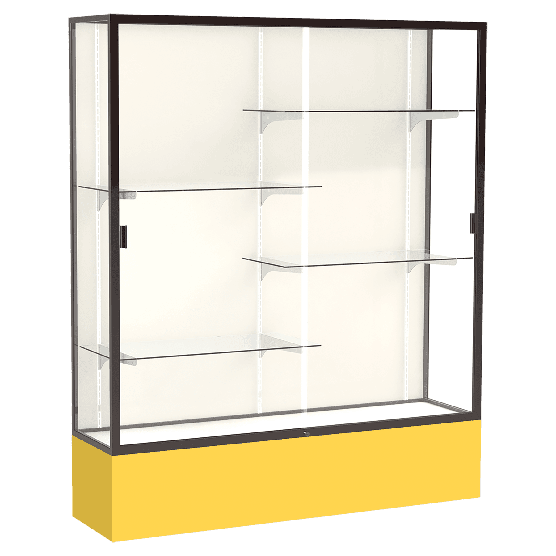 72"H x 60"W x 16"D Goldenrod Laminate Finish, Plaque Fabric Back, Bronze Aluminum Frame, Spirit Display Case