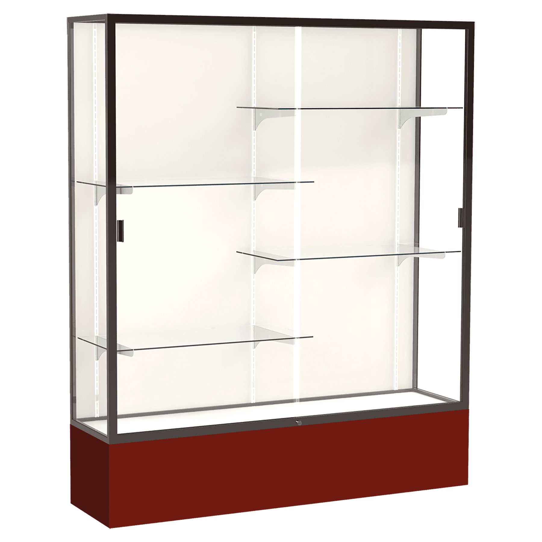 72"H x 60"W x 16"D Maroon Laminate Finish, Plaque Fabric Back, Bronze Aluminum Frame, Spirit Display Case