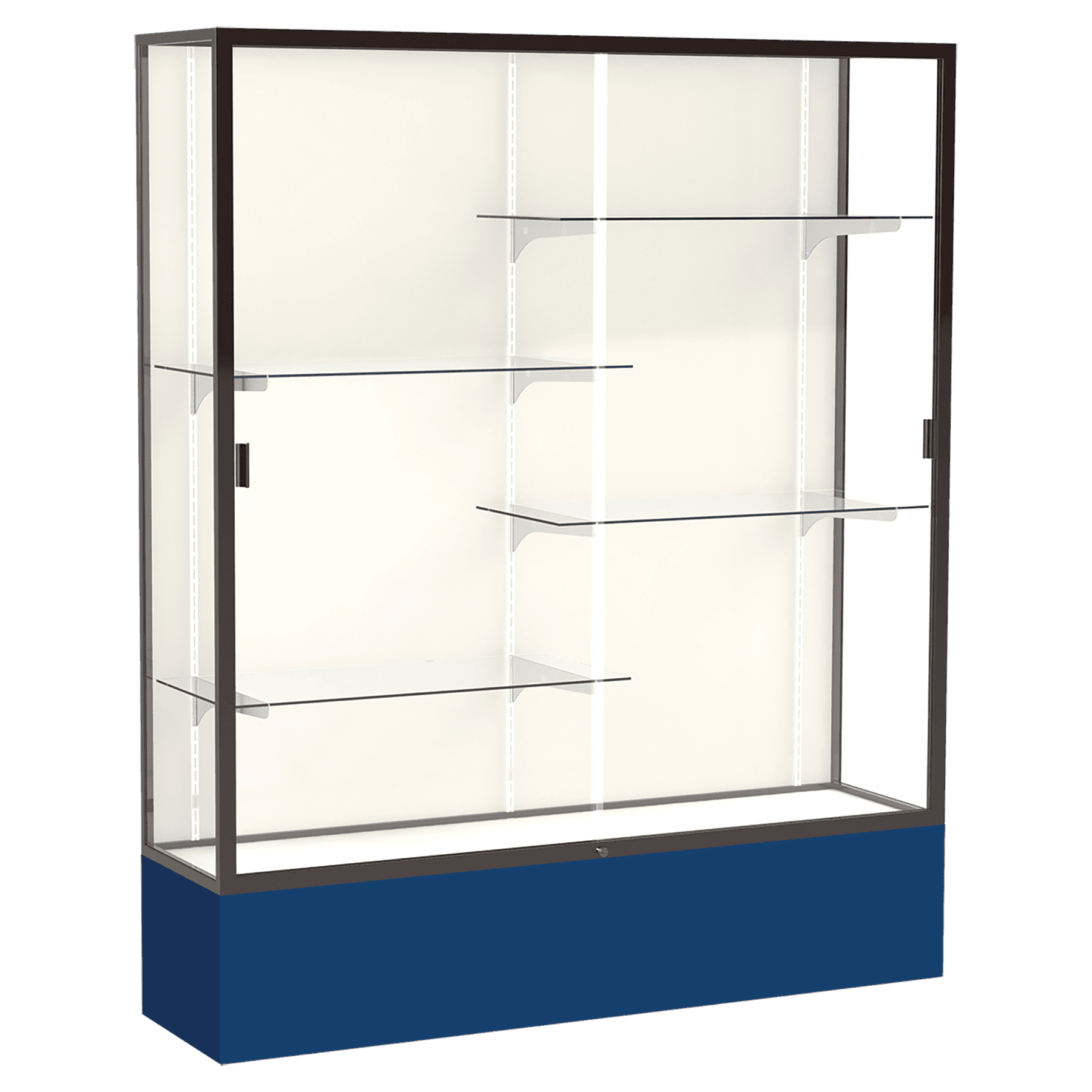 72"H x 60"W x 16"D Navy Laminate Finish, Plaque Fabric Back, Bronze Aluminum Frame, Spirit Display Case
