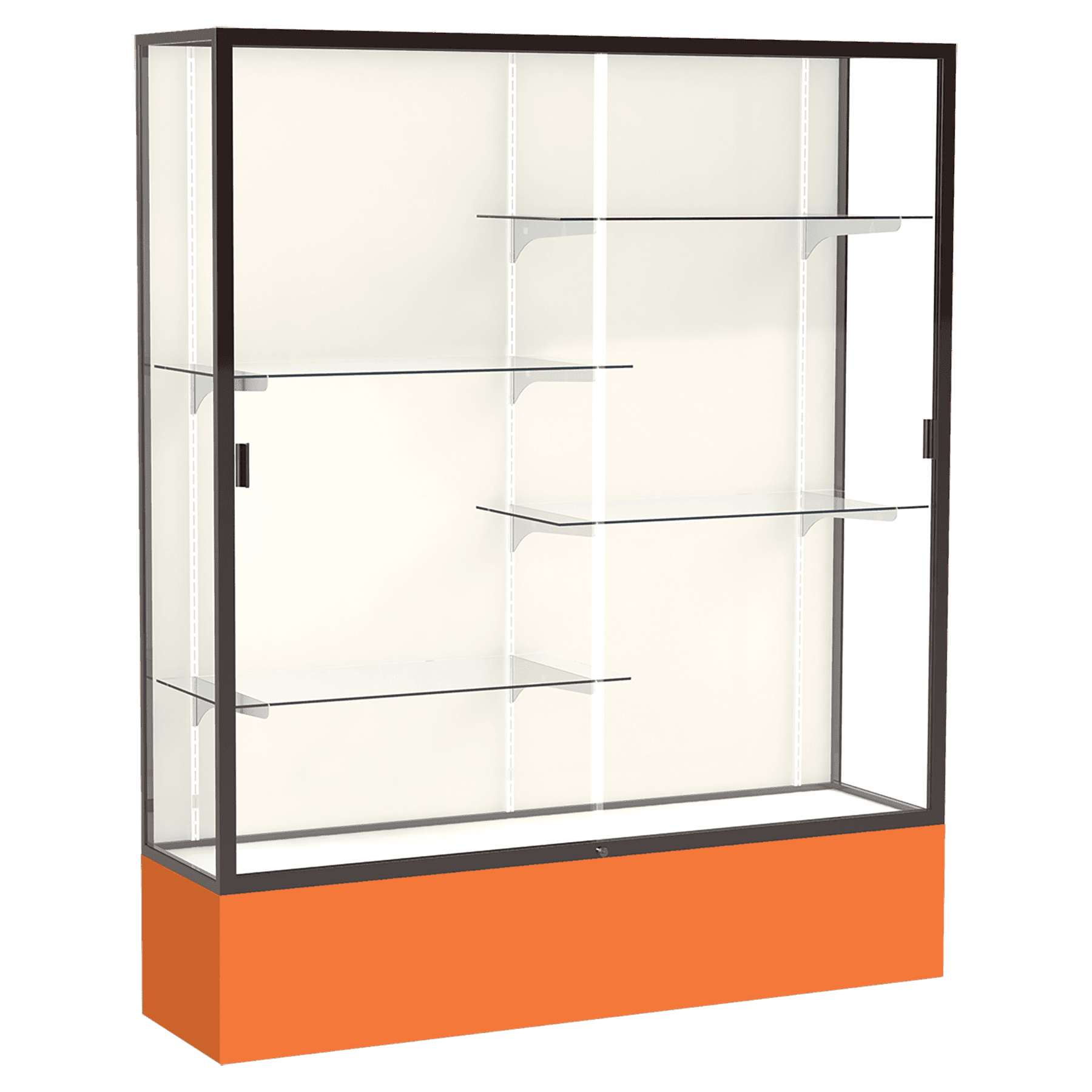 72"H x 60"W x 16"D Orange Laminate Finish, Plaque Fabric Back, Bronze Aluminum Frame, Spirit Display Case