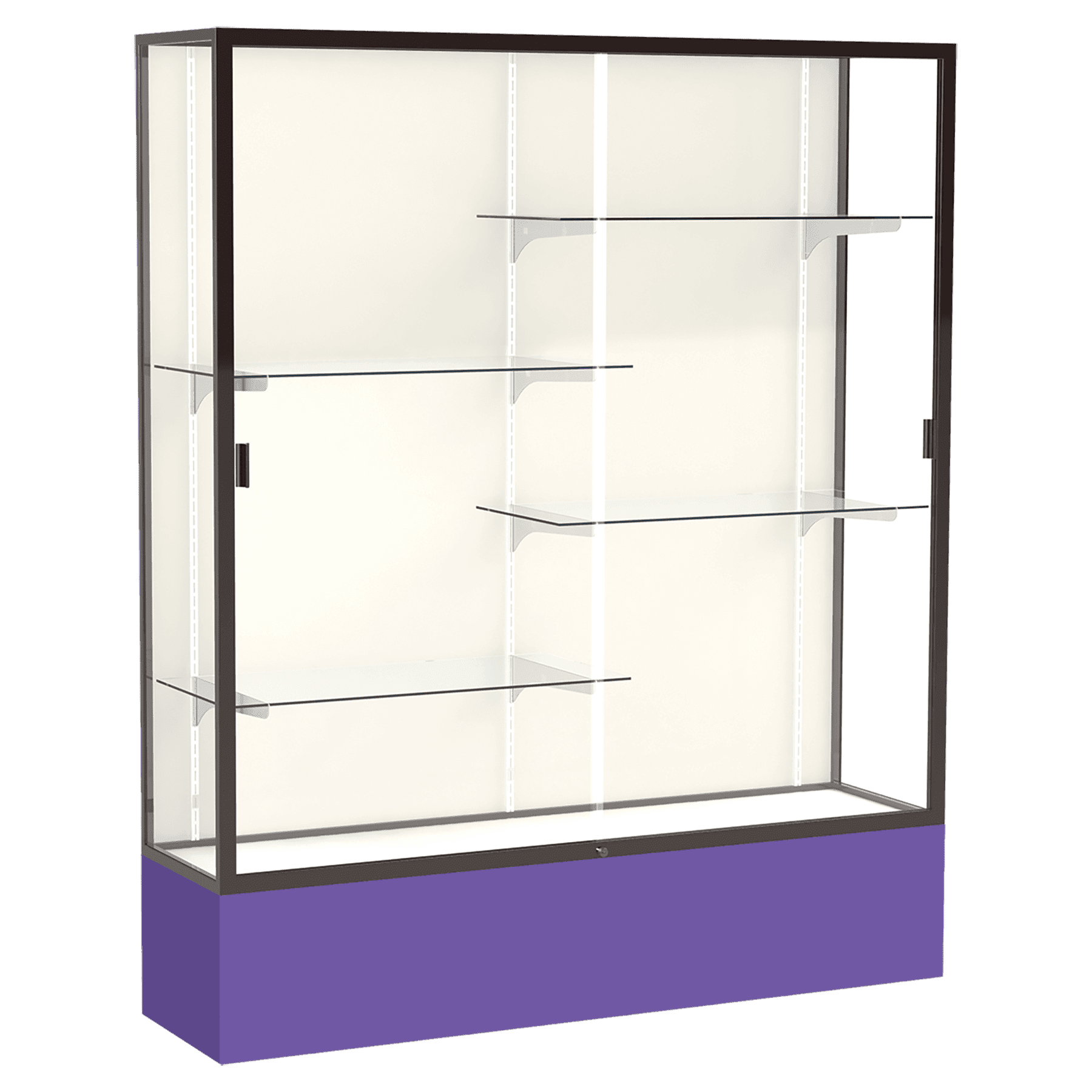 72"H x 60"W x 16"D Purple Laminate Finish, Plaque Fabric Back, Bronze Aluminum Frame, Spirit Display Case