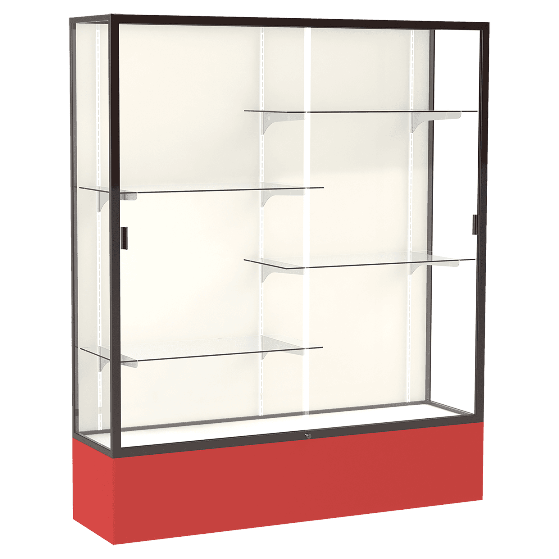 72"H x 60"W x 16"D Red Laminate Finish, Plaque Fabric Back, Bronze Aluminum Frame, Spirit Display Case