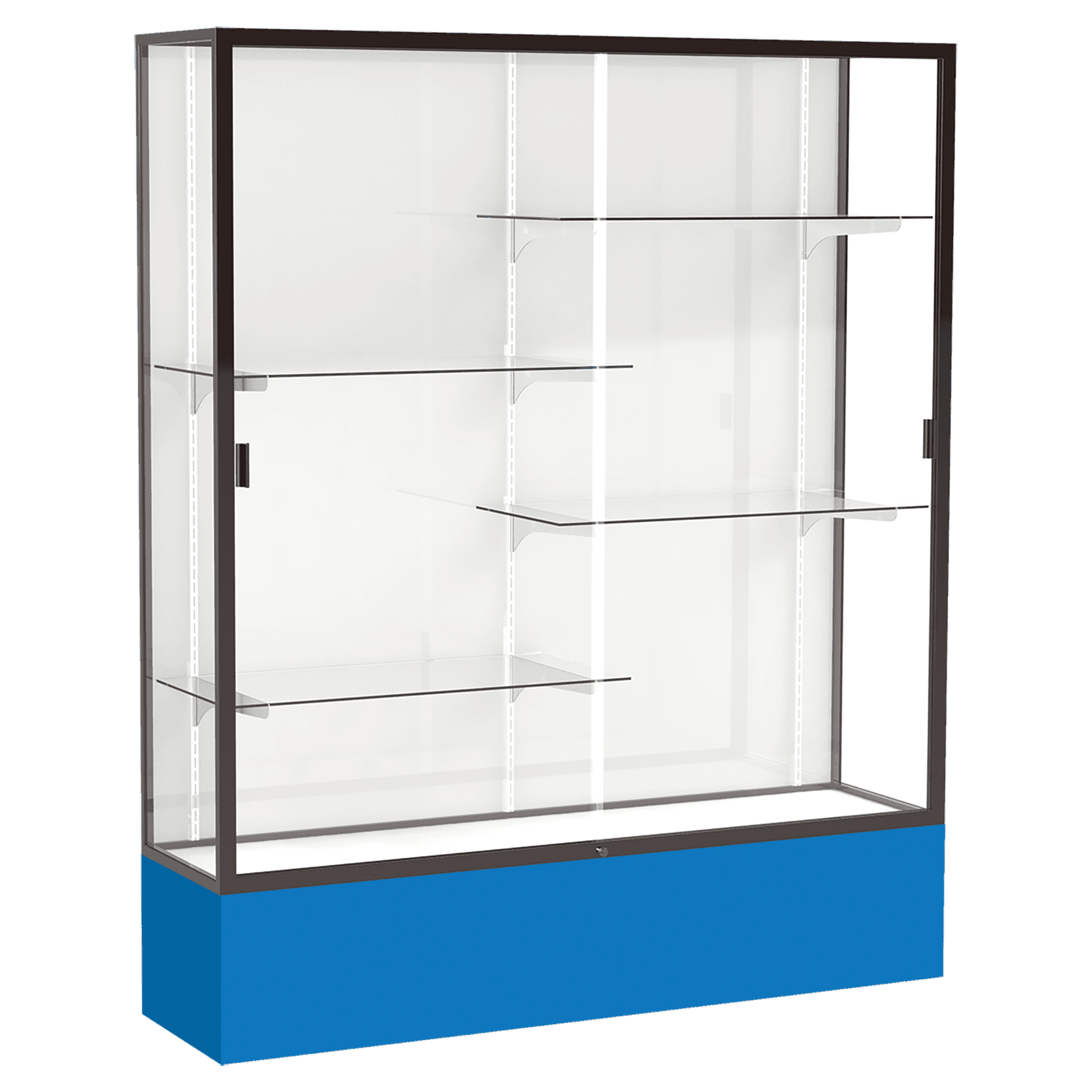 72"H x 60"W x 16"D Royal Blue Laminate Finish, Plaque Fabric Back, Bronze Aluminum Frame, Spirit Display Case