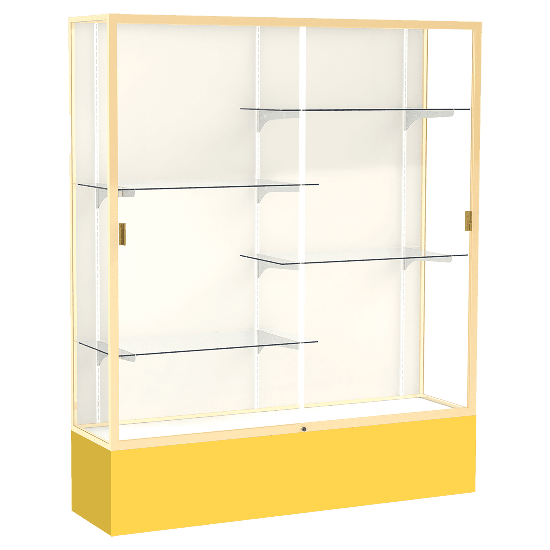 72"H x 60"W x 16"D Goldenrod Laminate Finish, Plaque Fabric Back, Champagne Aluminum Frame, Spirit Display Case