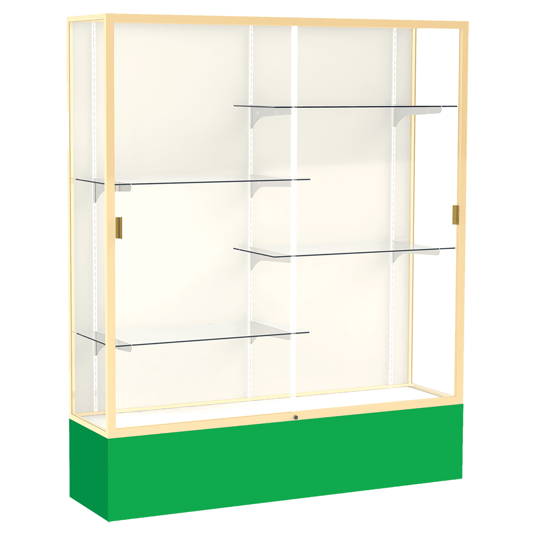 72"H x 60"W x 16"D Kelly Green Laminate Finish, Plaque Fabric Back, Champagne Aluminum Frame, Spirit Display Case