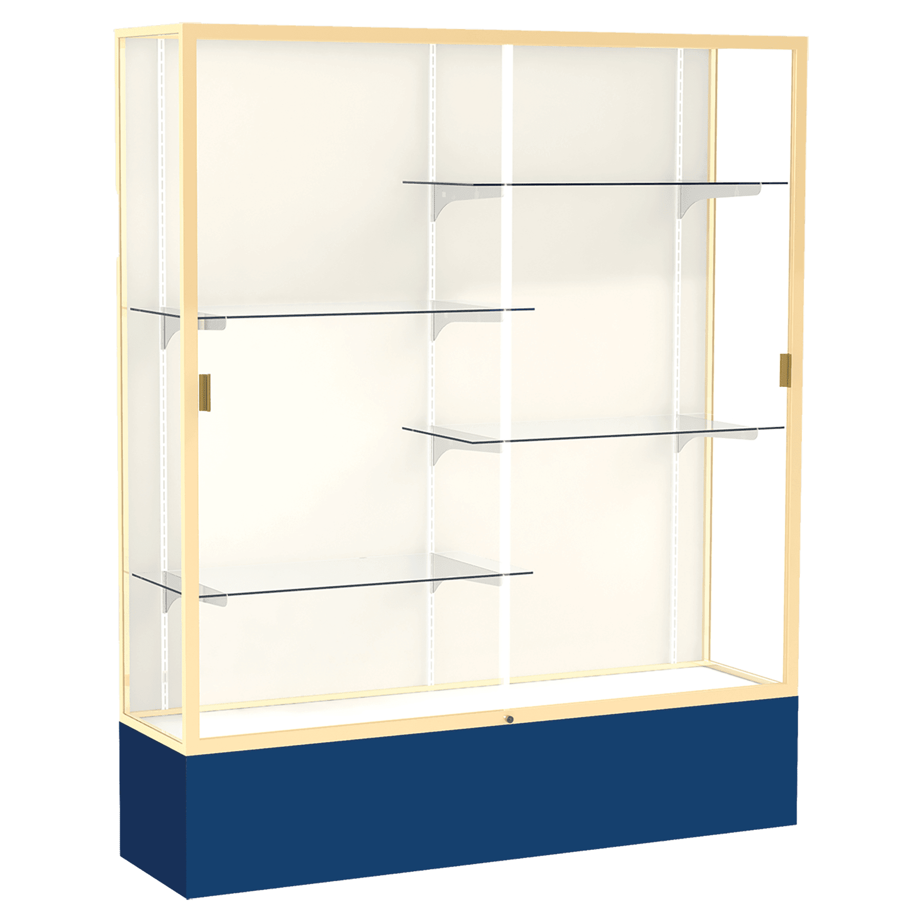 72"H x 60"W x 16"D Navy Laminate Finish, Plaque Fabric Back, Champagne Aluminum Frame, Spirit Display Case