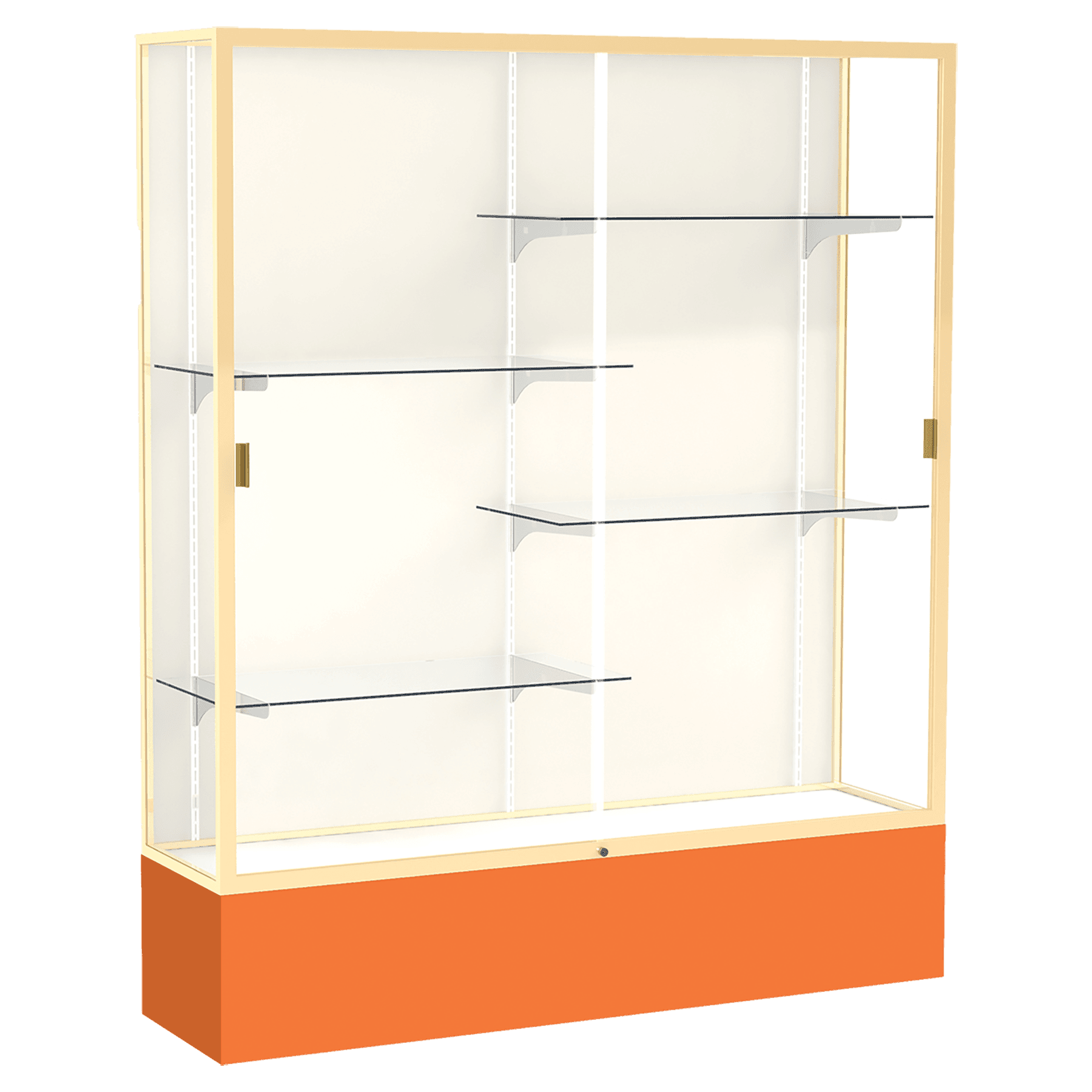 72"H x 60"W x 16"D Orange Laminate Finish, Plaque Fabric Back, Champagne Aluminum Frame, Spirit Display Case