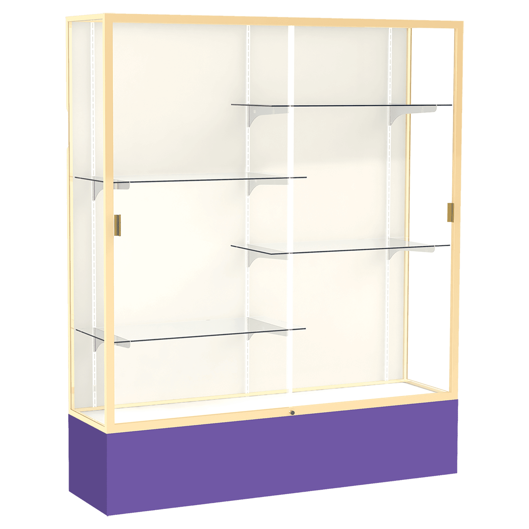 72"H x 60"W x 16"D Purple Laminate Finish, Plaque Fabric Back, Champagne Aluminum Frame, Spirit Display Case