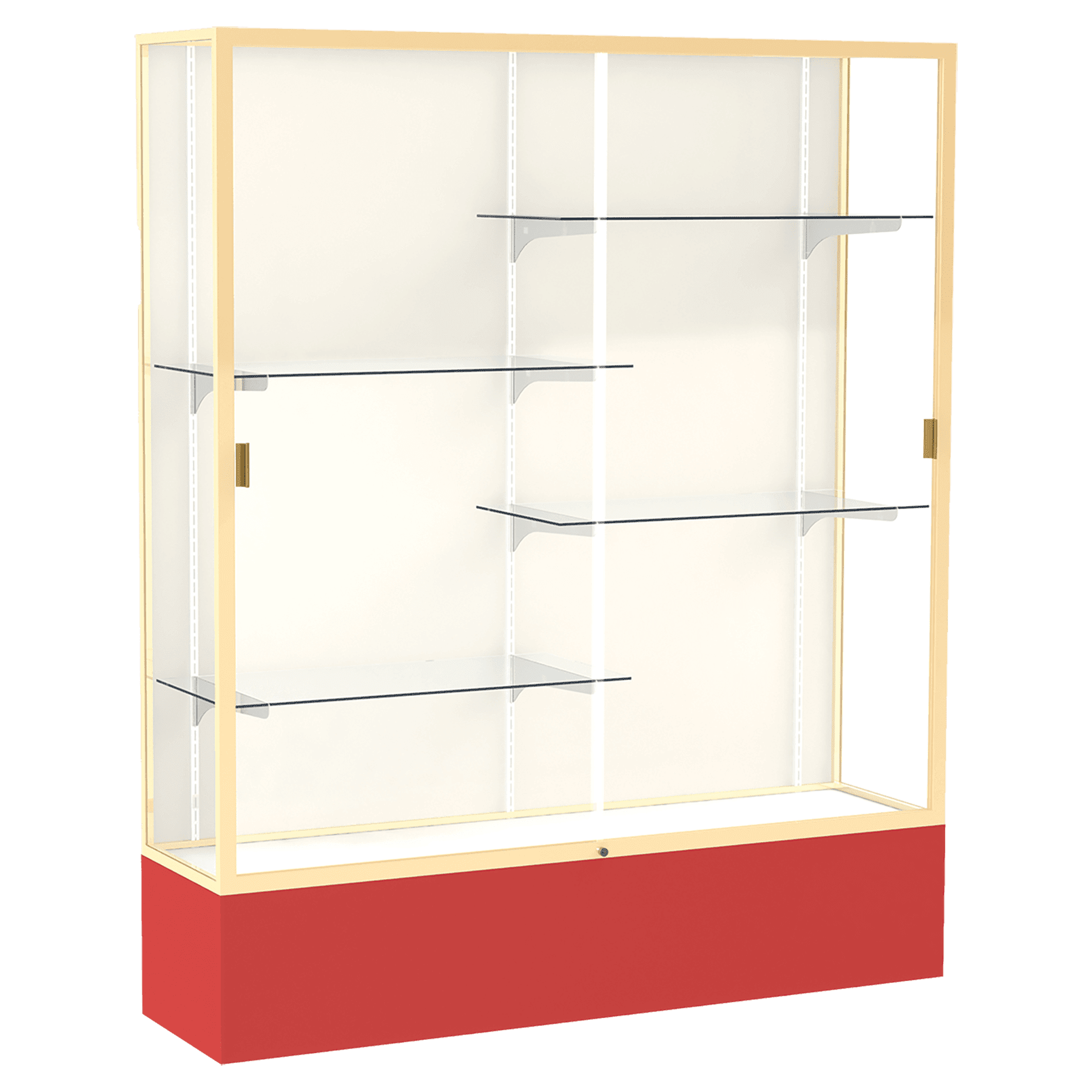 72"H x 60"W x 16"D Red Laminate Finish, Plaque Fabric Back, Champagne Aluminum Frame, Spirit Display Case