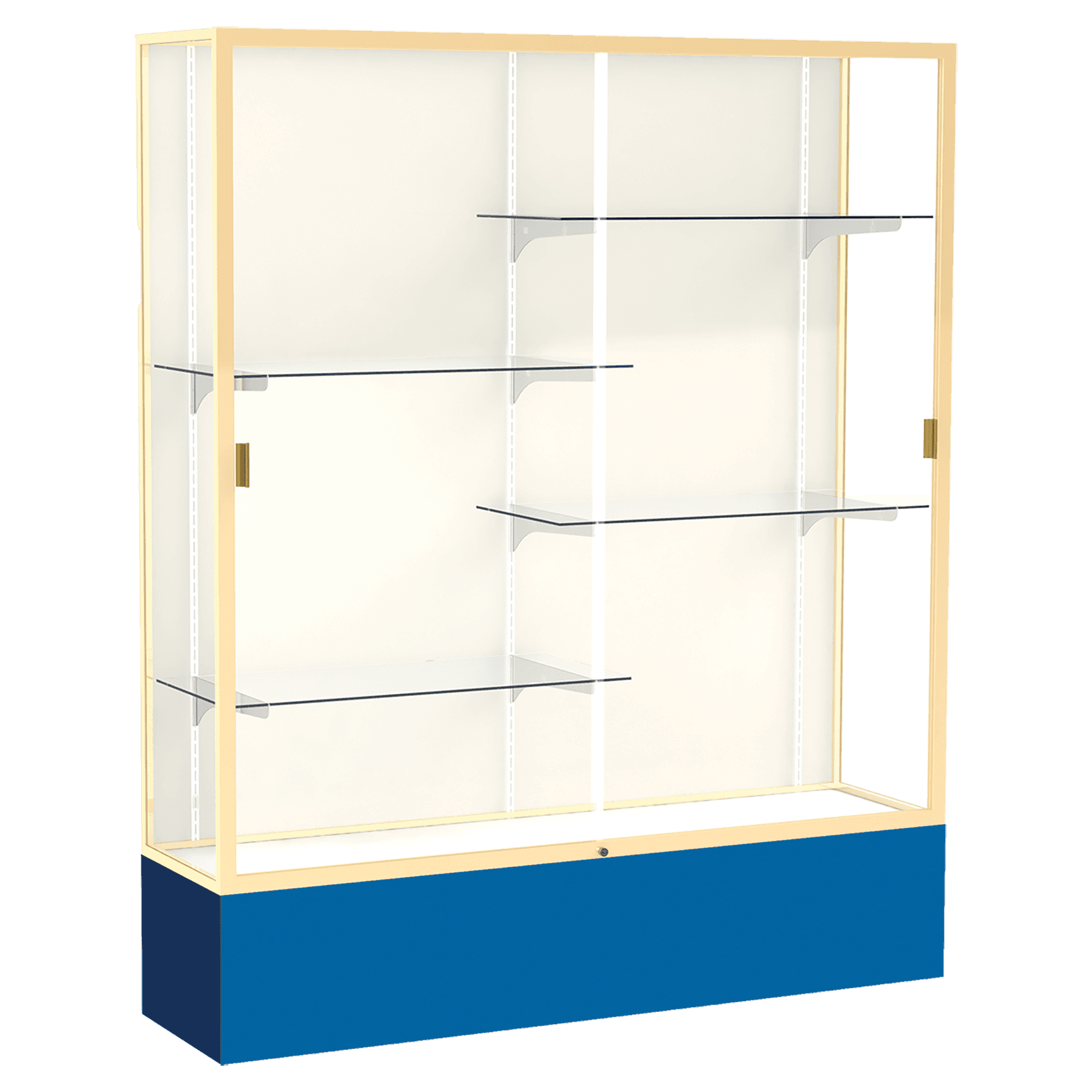 72"H x 60"W x 16"D Royal Blue Laminate Finish, Plaque Fabric Back, Champagne Aluminum Frame, Spirit Display Case