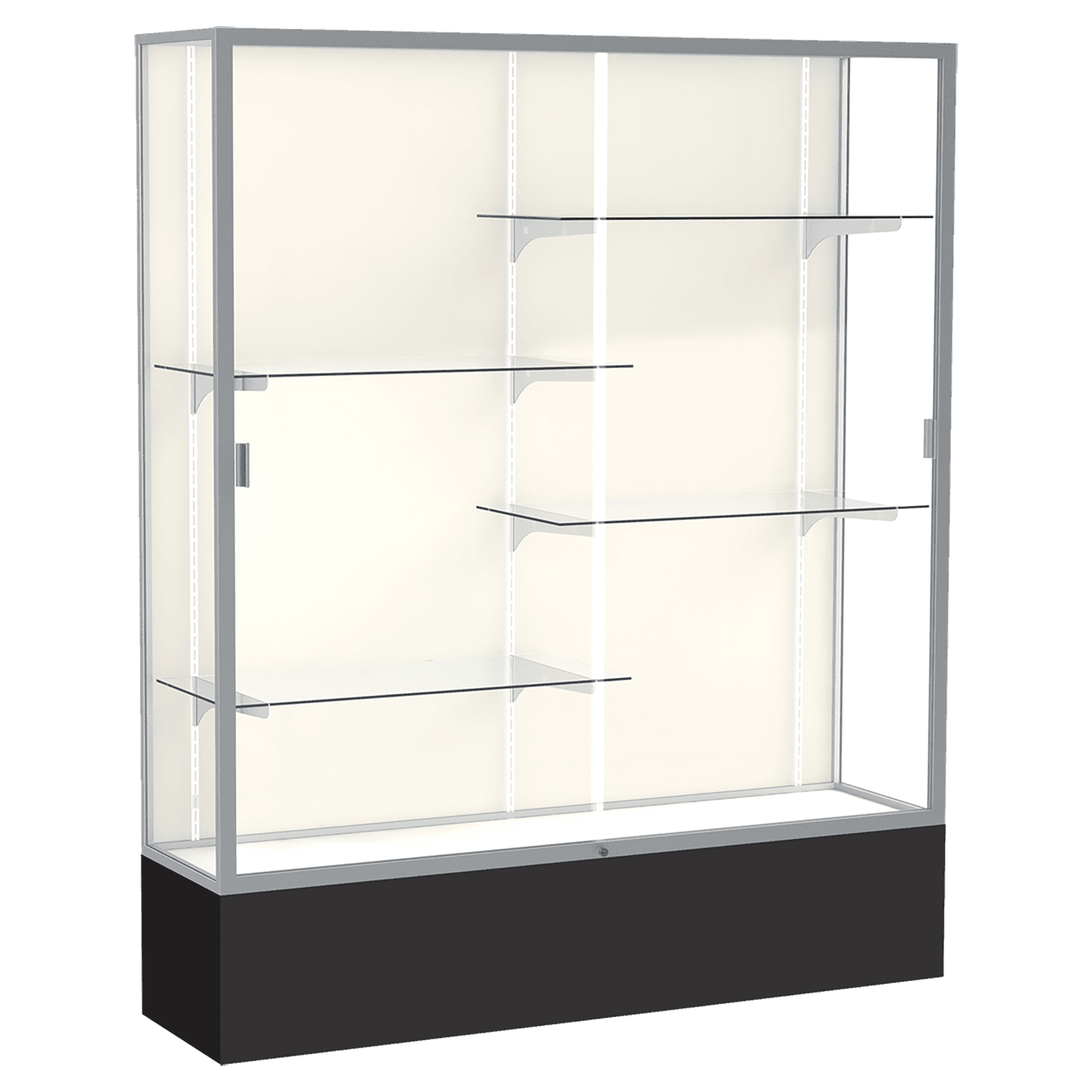 72"H x 60"W x 16"D Black Laminate Finish, Plaque Fabric Back, Satin Aluminum Frame, Spirit Display Case
