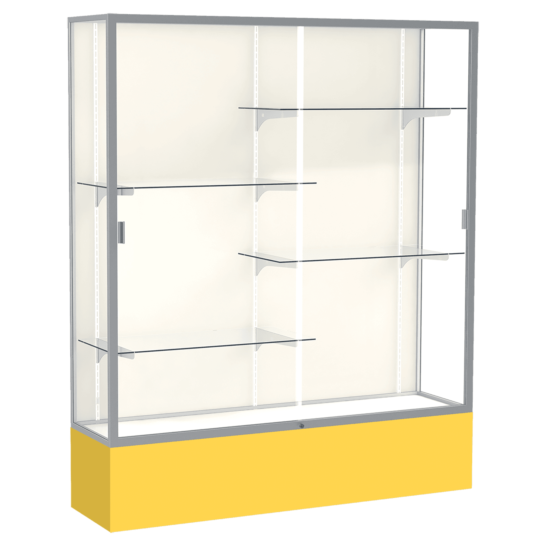 72"H x 60"W x 16"D Goldenrod Laminate Finish, Plaque Fabric Back, Satin Aluminum Frame, Spirit Display Case