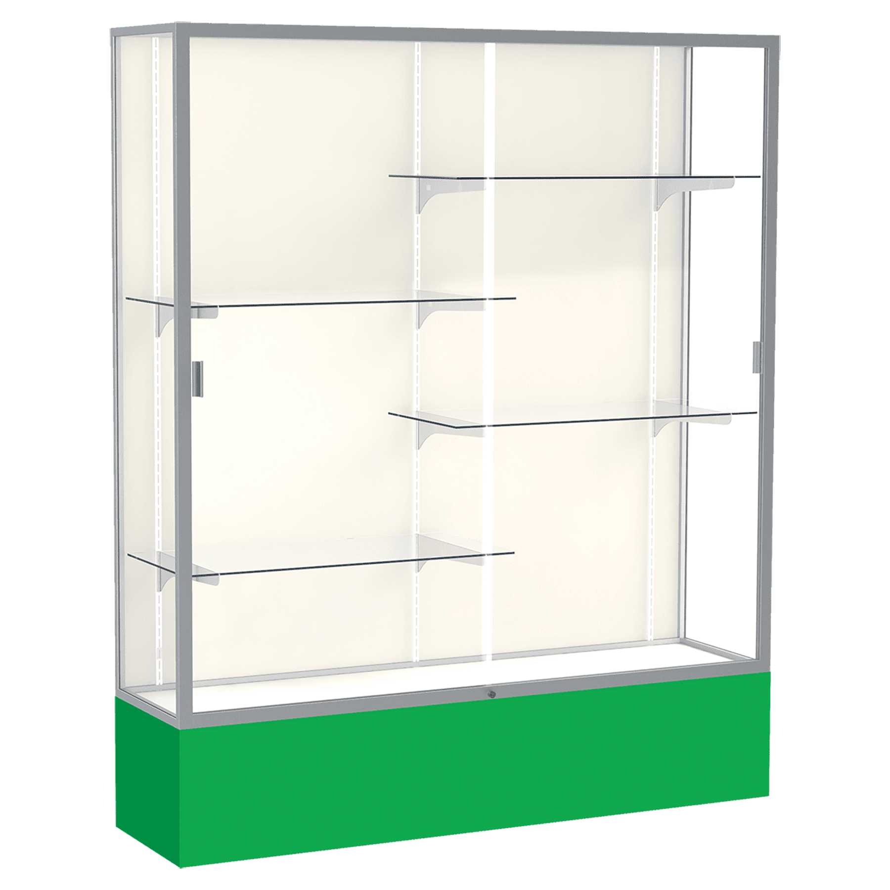 72"H x 60"W x 16"D Kelly Green Laminate Finish, Plaque Fabric Back, Satin Aluminum Frame, Spirit Display Case