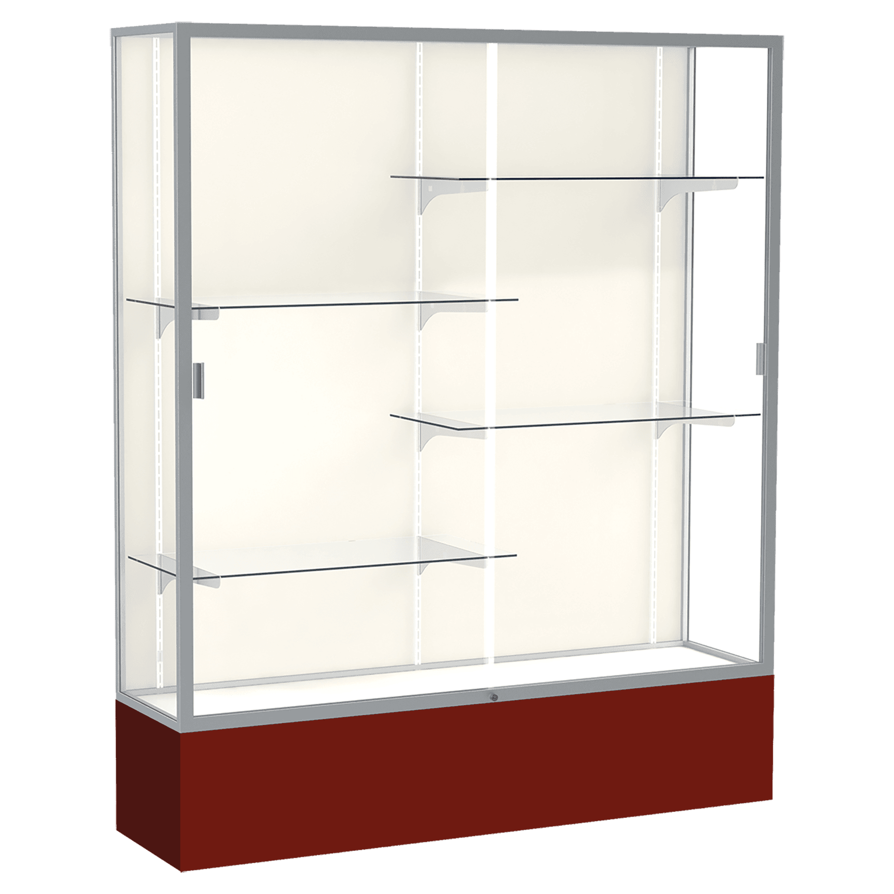 72"H x 60"W x 16"D Maroon Laminate Finish, Plaque Fabric Back, Satin Aluminum Frame, Spirit Display Case