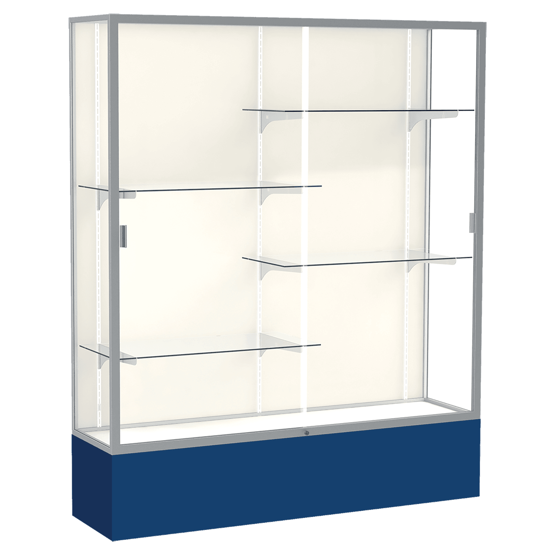72"H x 60"W x 16"D Navy Laminate Finish, Plaque Fabric Back, Satin Aluminum Frame, Spirit Display Case
