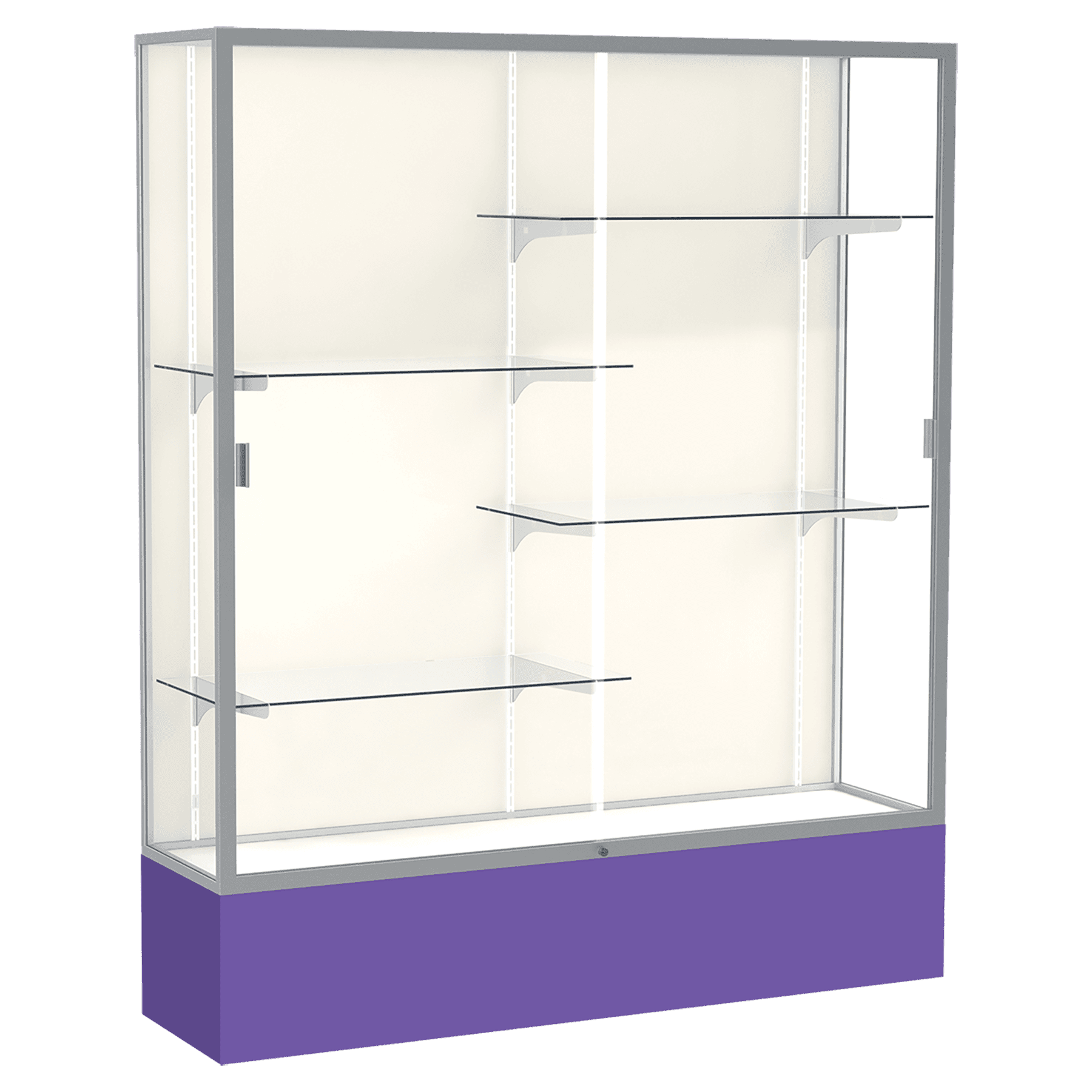 72"H x 60"W x 16"D Purple Laminate Finish, Plaque Fabric Back, Satin Aluminum Frame, Spirit Display Case