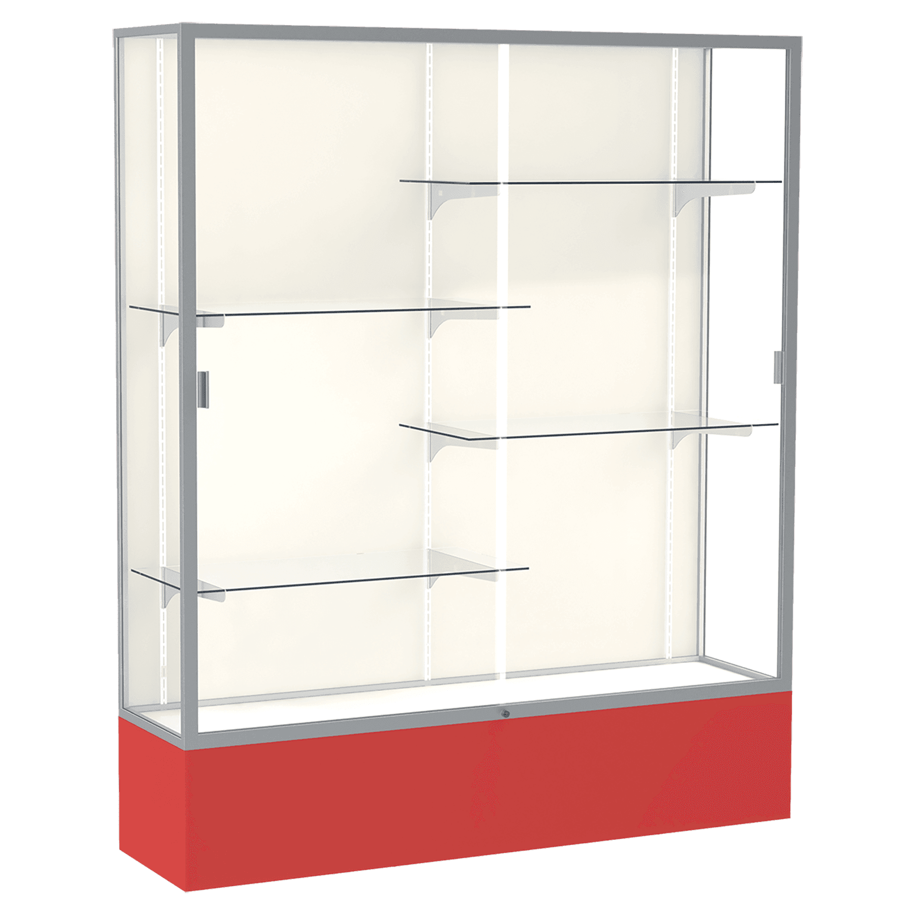 72"H x 60"W x 16"D Red Laminate Finish, Plaque Fabric Back, Satin Aluminum Frame, Spirit Display Case