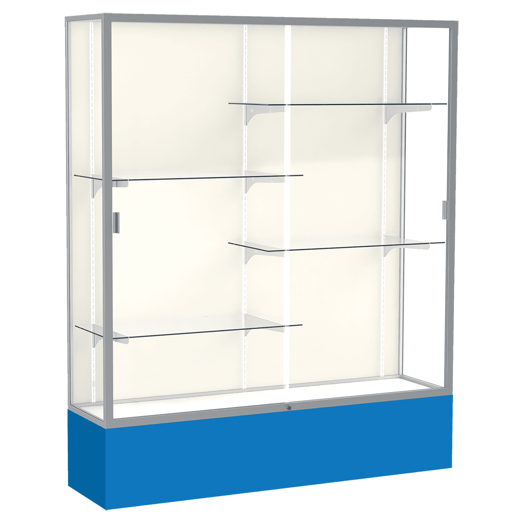 72"H x 60"W x 16"D Royal Blue Laminate Finish, Plaque Fabric Back, Satin Aluminum Frame, Spirit Display Case