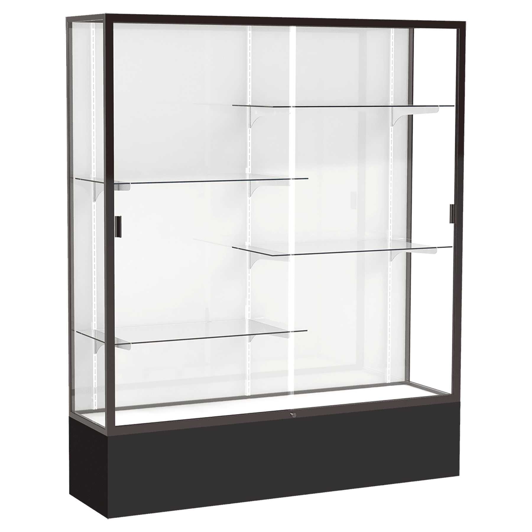 72"H x 60"W x 16"D Black Laminate Finish, White Laminate Finish Back, Bronze Aluminum Frame, Spirit Display Case