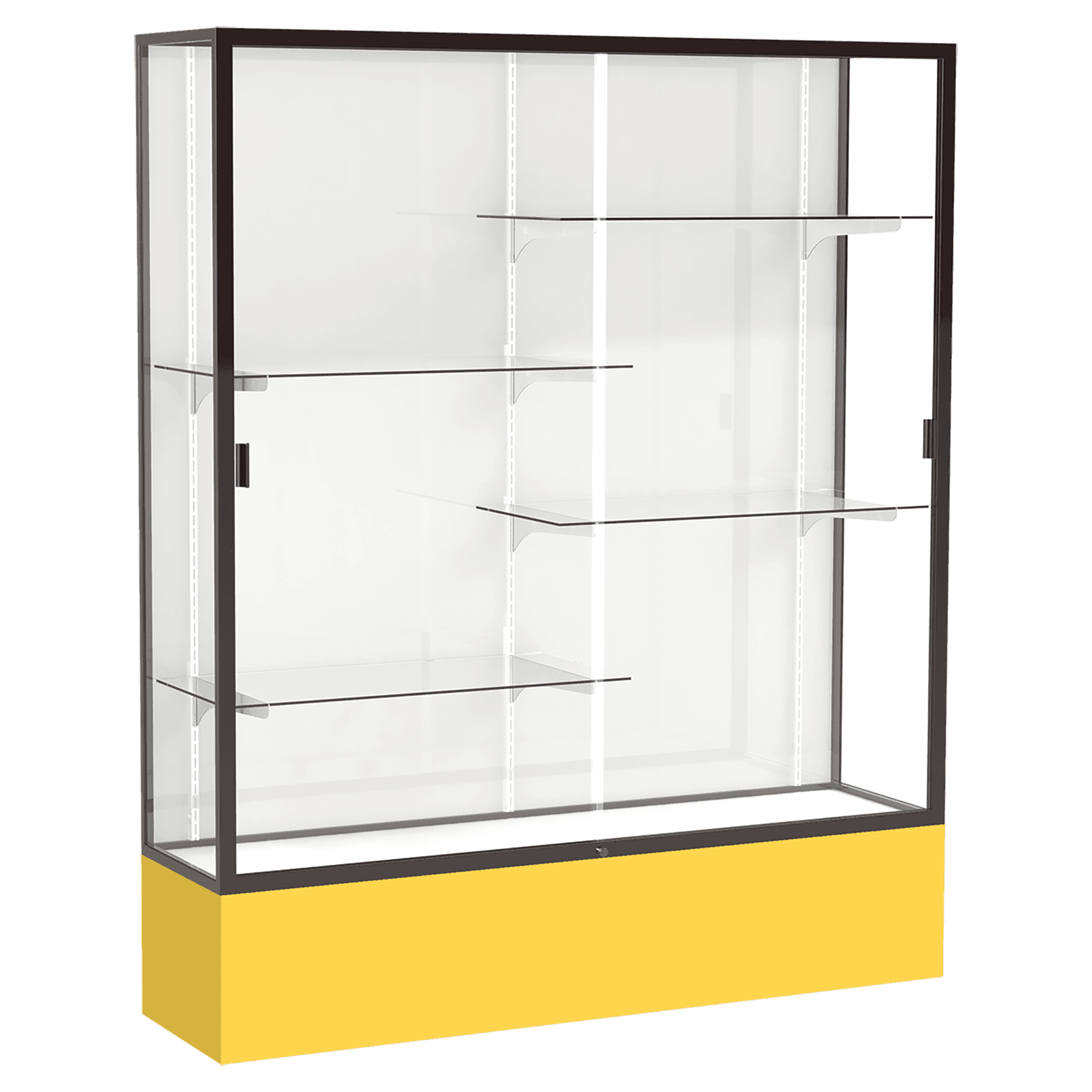 72"H x 60"W x 16"D Goldenrod Laminate Finish, White Laminate Finish Back, Bronze Aluminum Frame, Spirit Display Case