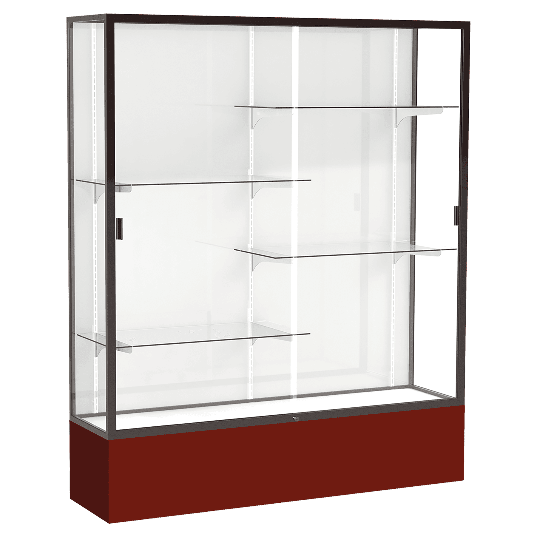 72"H x 60"W x 16"D Maroon Laminate Finish, White Laminate Finish Back, Bronze Aluminum Frame, Spirit Display Case
