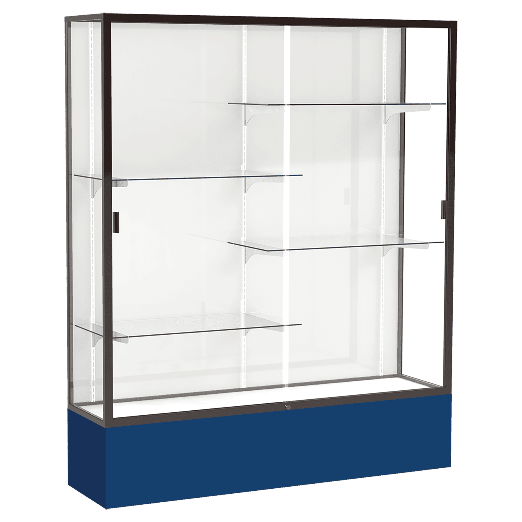 72"H x 60"W x 16"D Navy Laminate Finish, White Laminate Finish Back, Bronze Aluminum Frame, Spirit Display Case