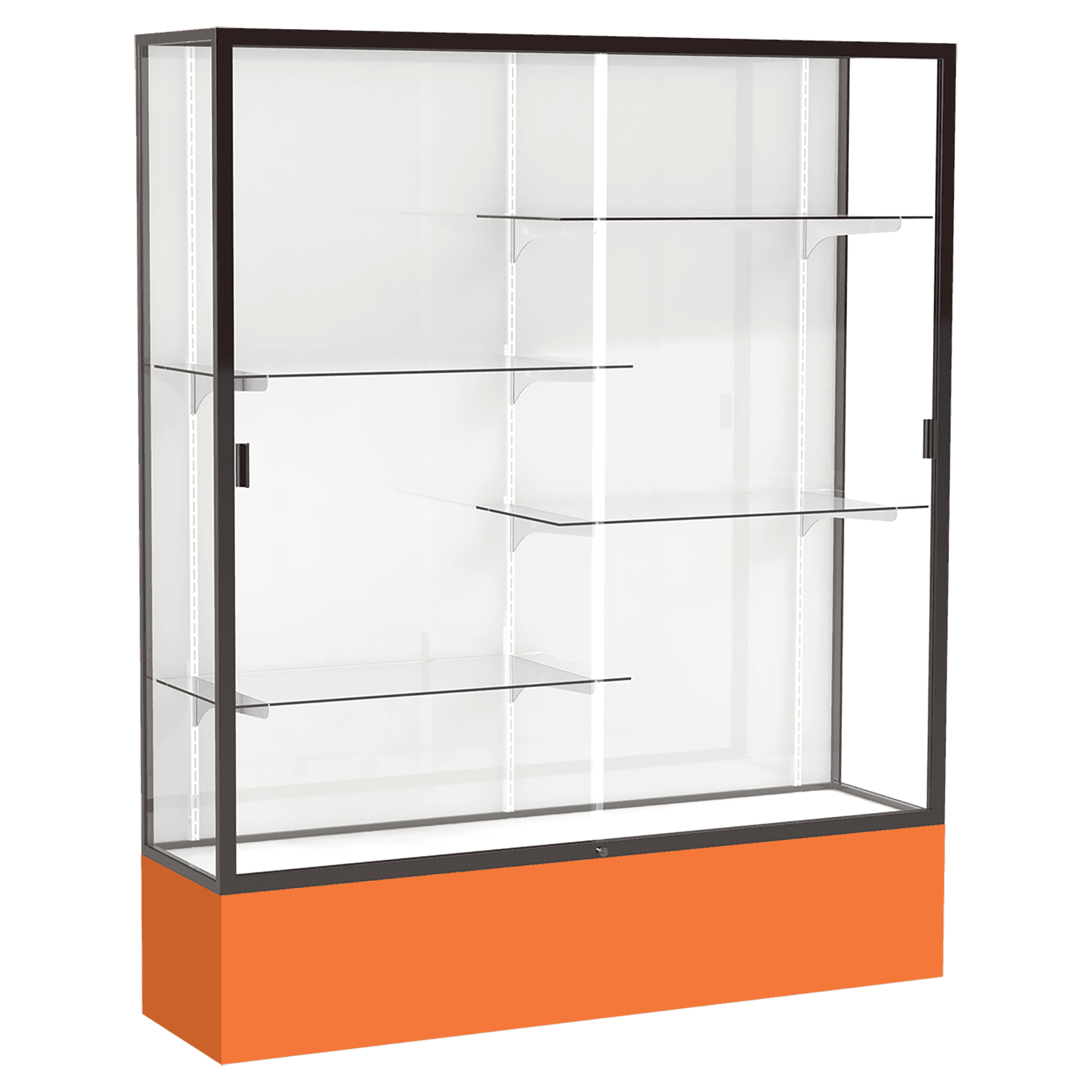 72"H x 60"W x 16"D Orange Laminate Finish, White Laminate Finish Back, Bronze Aluminum Frame, Spirit Display Case