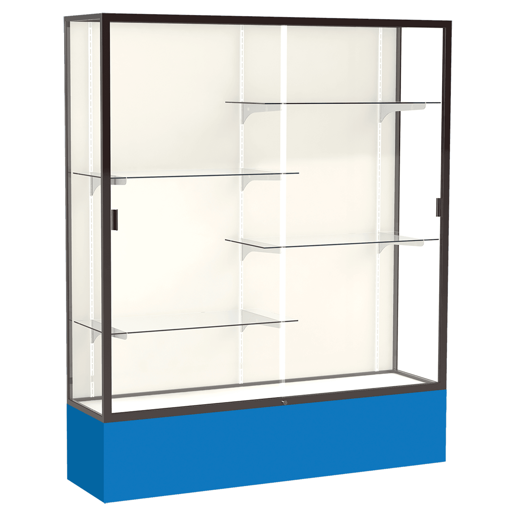 72"H x 60"W x 16"D Royal Blue Laminate Finish, White Laminate Finish Back, Bronze Aluminum Frame, Spirit Display Case