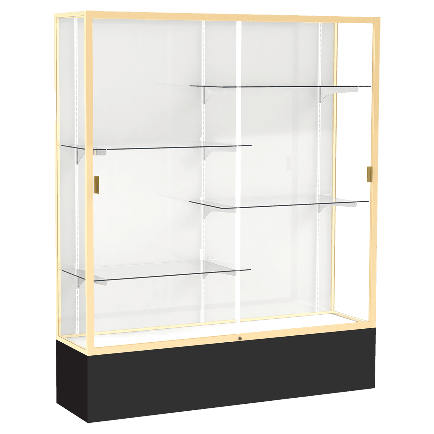 72"H x 60"W x 16"D Black Laminate Finish, White Laminate Finish Back, Champagne Aluminum Frame, Spirit Display Case
