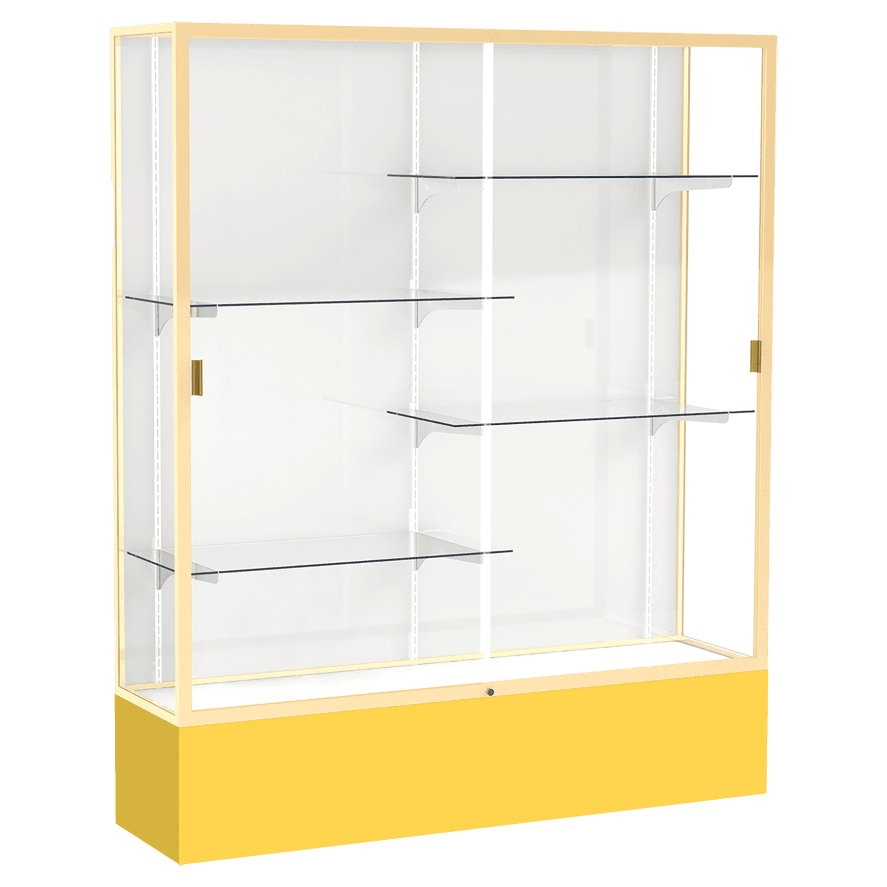 72"H x 60"W x 16"D Goldenrod Laminate Finish, White Laminate Finish Back, Champagne Aluminum Frame, Spirit Display Case