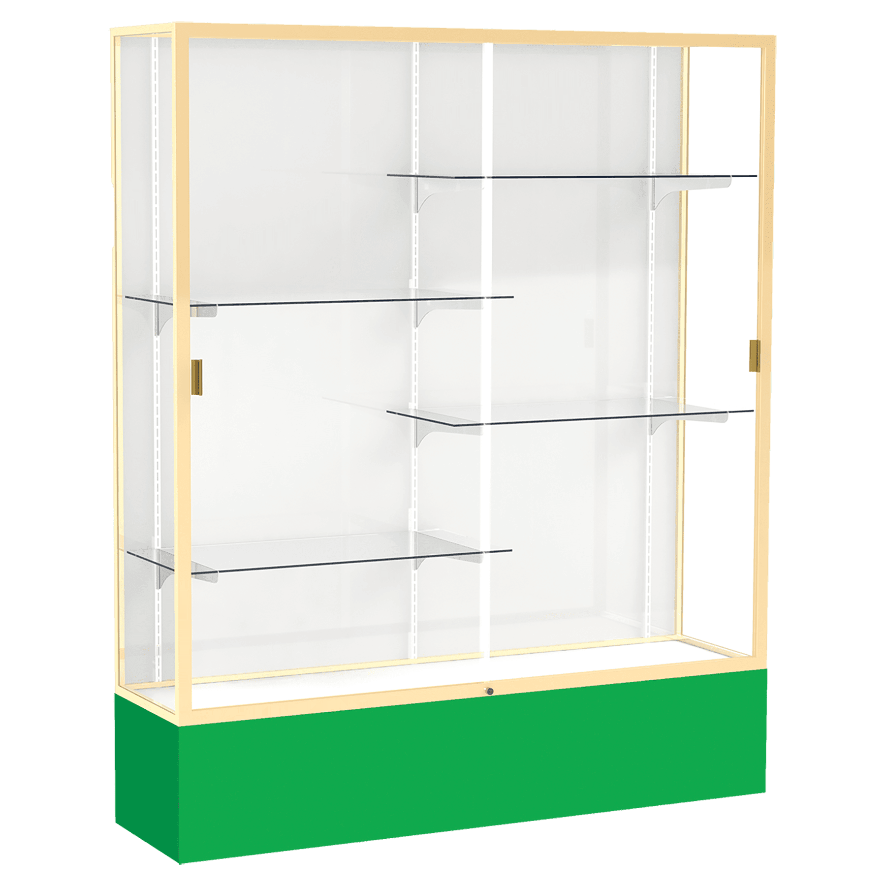 72"H x 60"W x 16"D Kelly Green Laminate Finish, White Laminate Finish Back, Champagne Aluminum Frame, Spirit Display Case