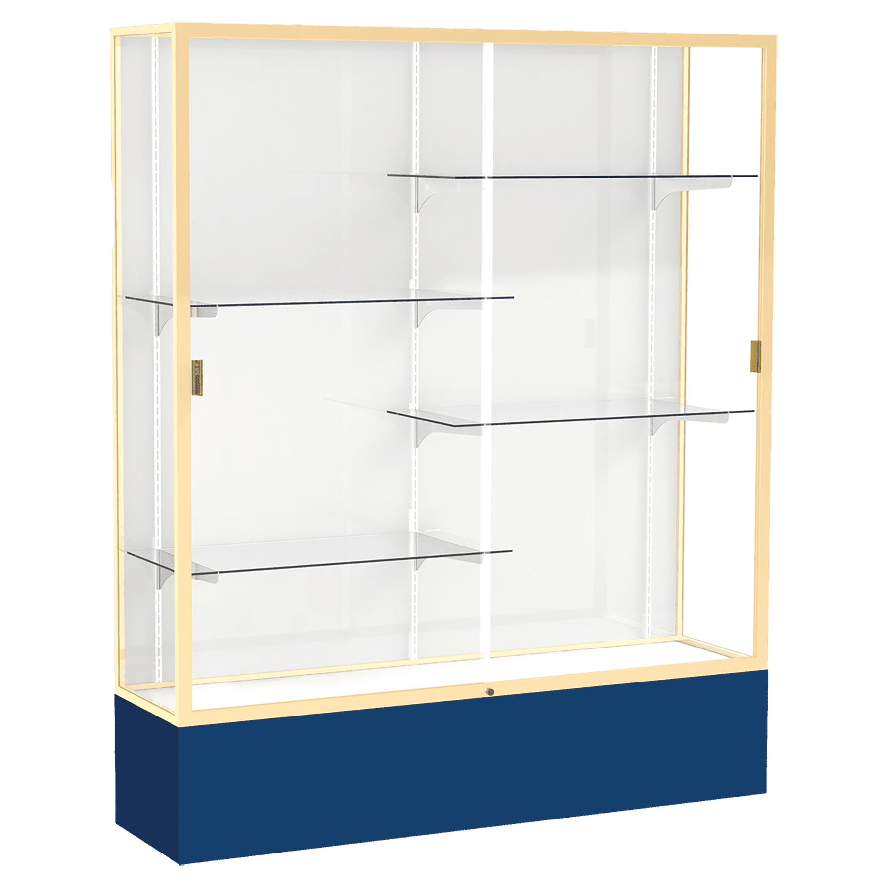 72"H x 60"W x 16"D Navy Laminate Finish, White Laminate Finish Back, Champagne Aluminum Frame, Spirit Display Case