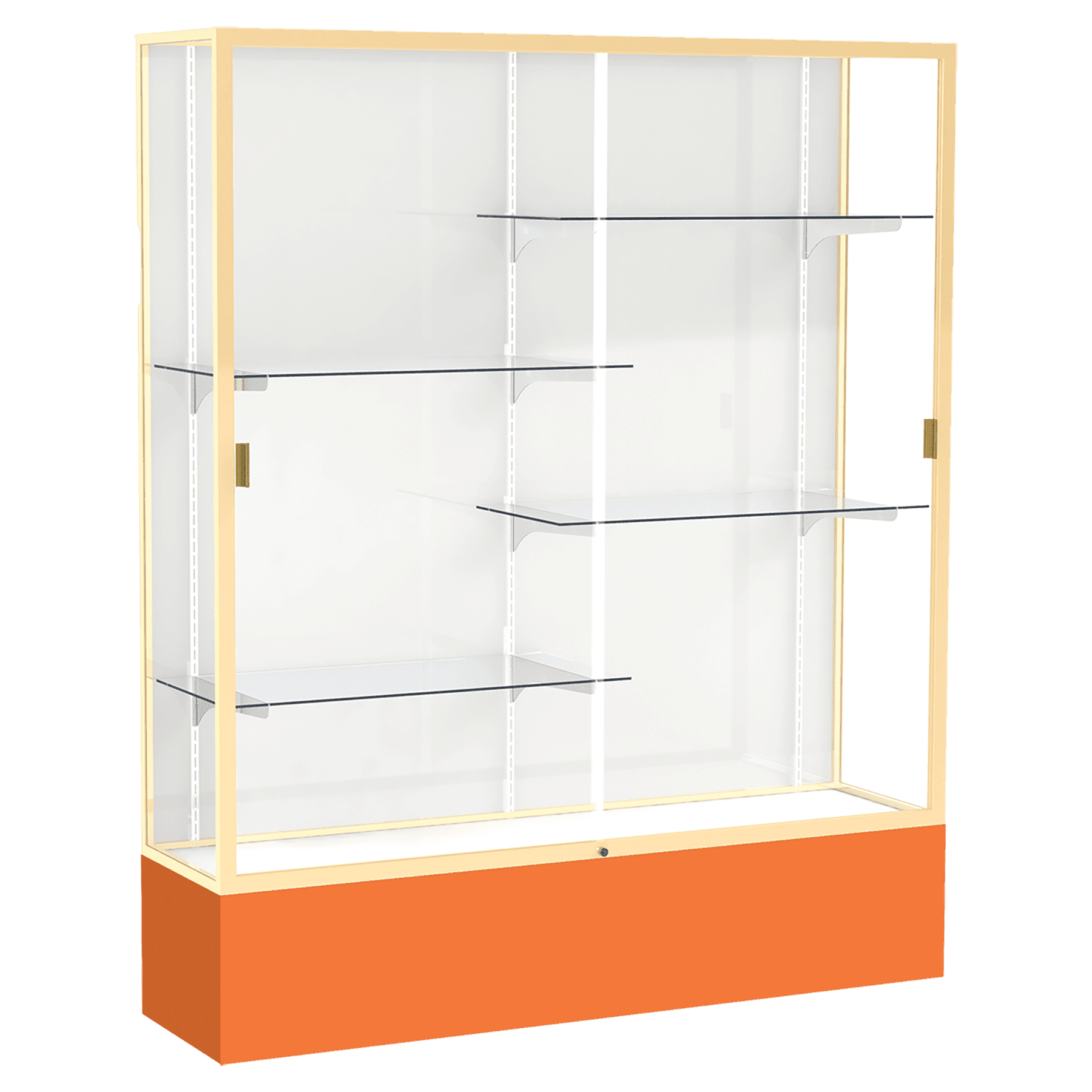72"H x 60"W x 16"D Orange Laminate Finish, White Laminate Finish Back, Champagne Aluminum Frame, Spirit Display Case