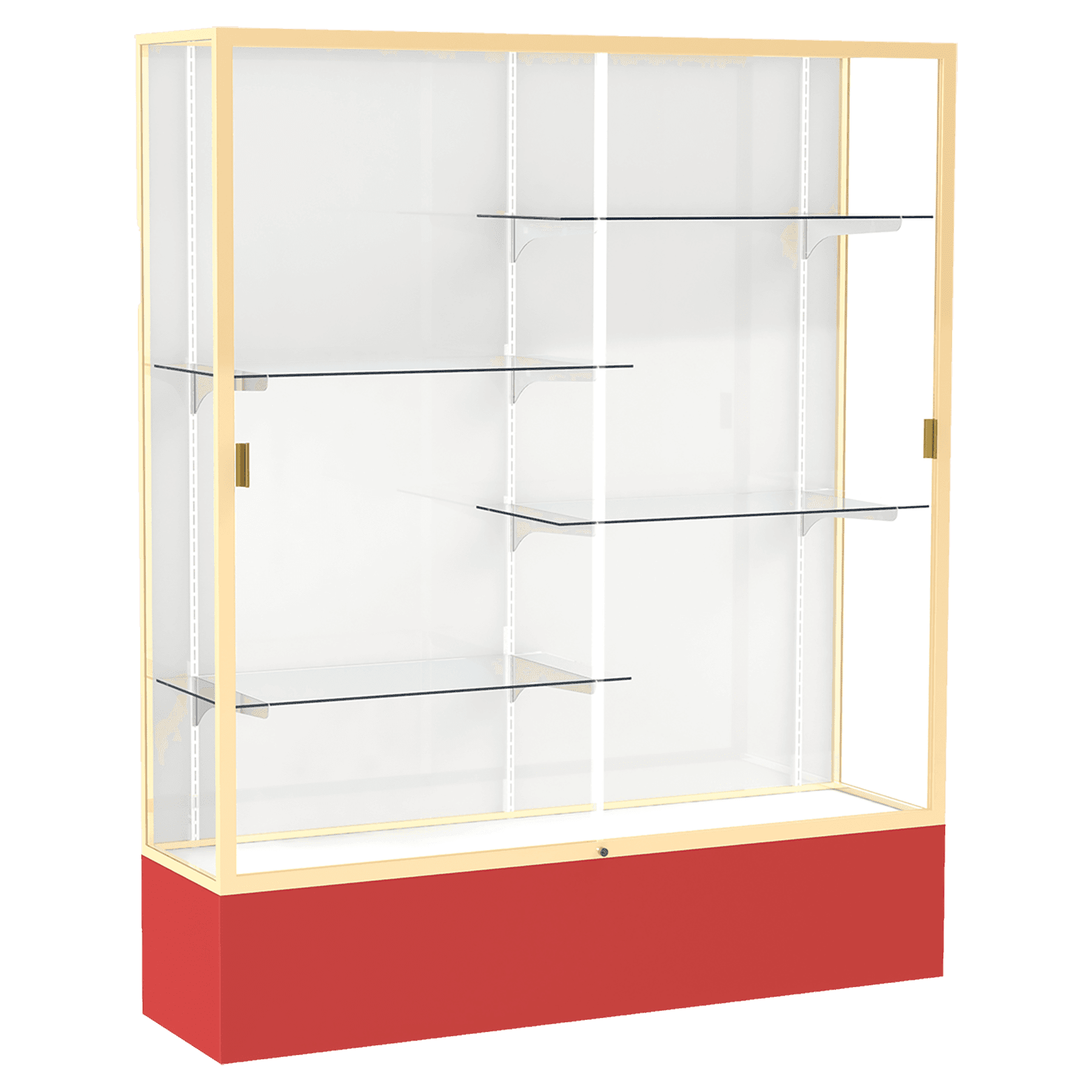 72"H x 60"W x 16"D Red Laminate Finish, White Laminate Finish Back, Champagne Aluminum Frame, Spirit Display Case