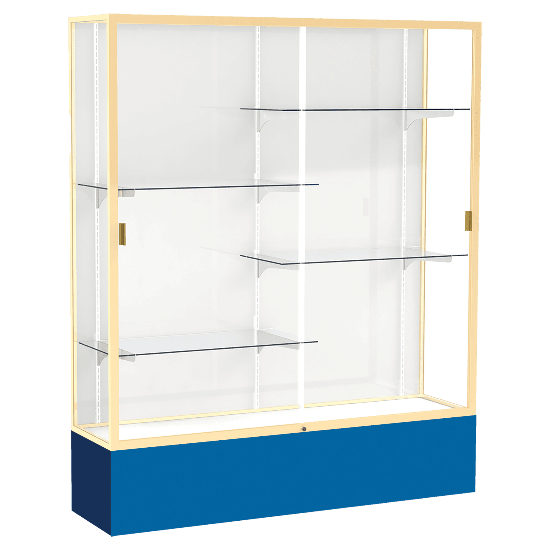 72"H x 60"W x 16"D Royal Blue Laminate Finish, White Laminate Finish Back, Champagne Aluminum Frame, Spirit Display Case