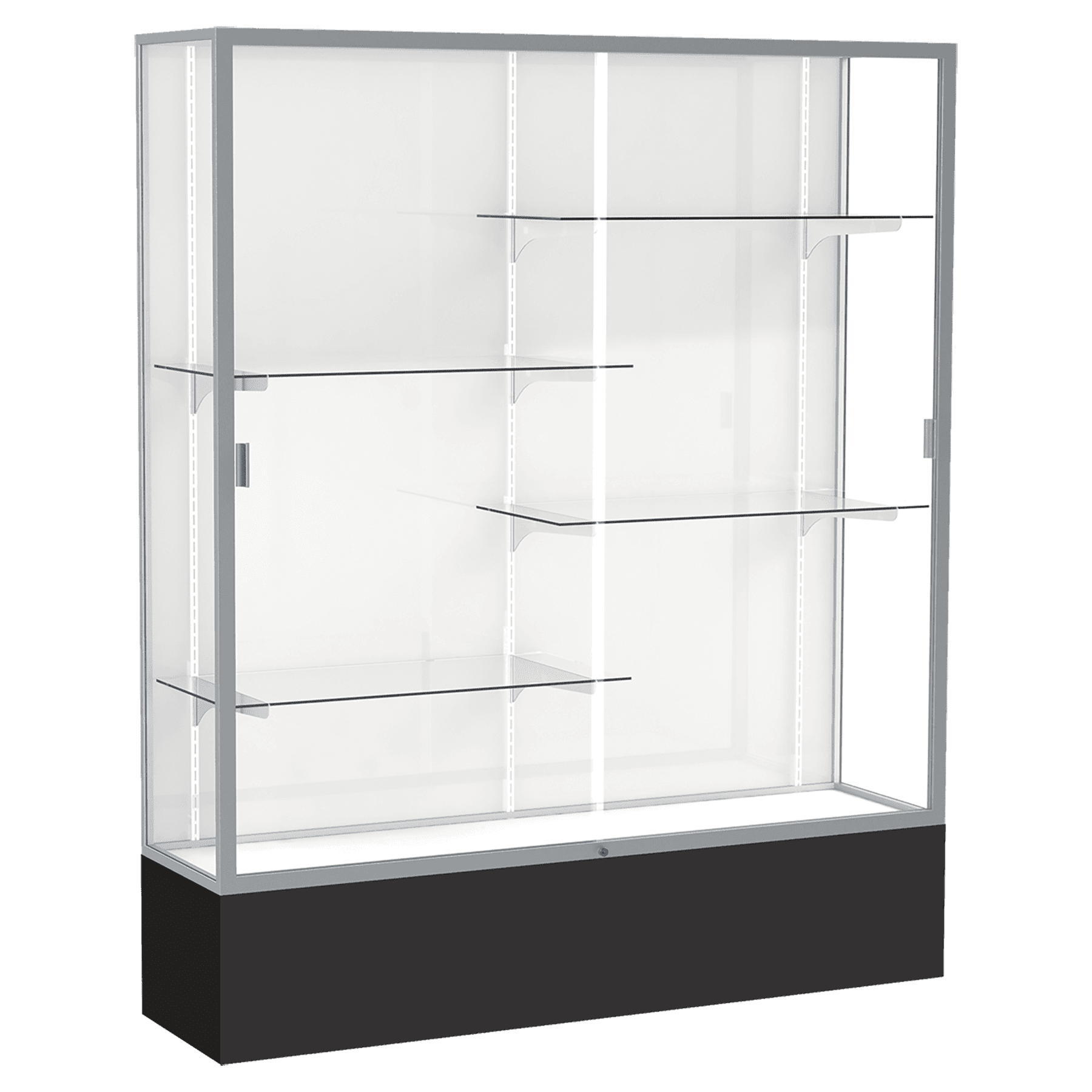 72"H x 60"W x 16"D Black Laminate Finish, White Laminate Finish Back, Satin Aluminum Frame, Spirit Display Case